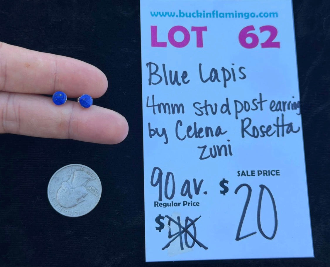 LOT 62 10/25 Blue Lapis 4mm Stud Post Earring by Celena Rosetta, Zuni