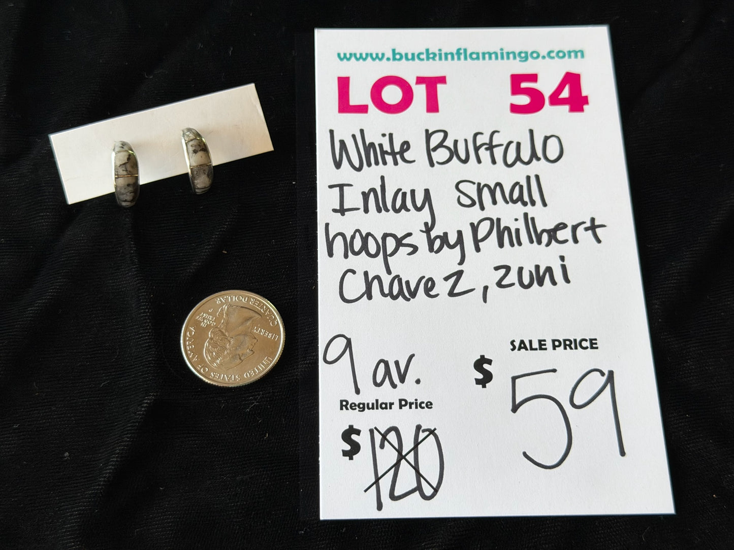 LOT 54 4/26 White Buffalo Inlay Small Hoops by Philbert Chavez, Zuni