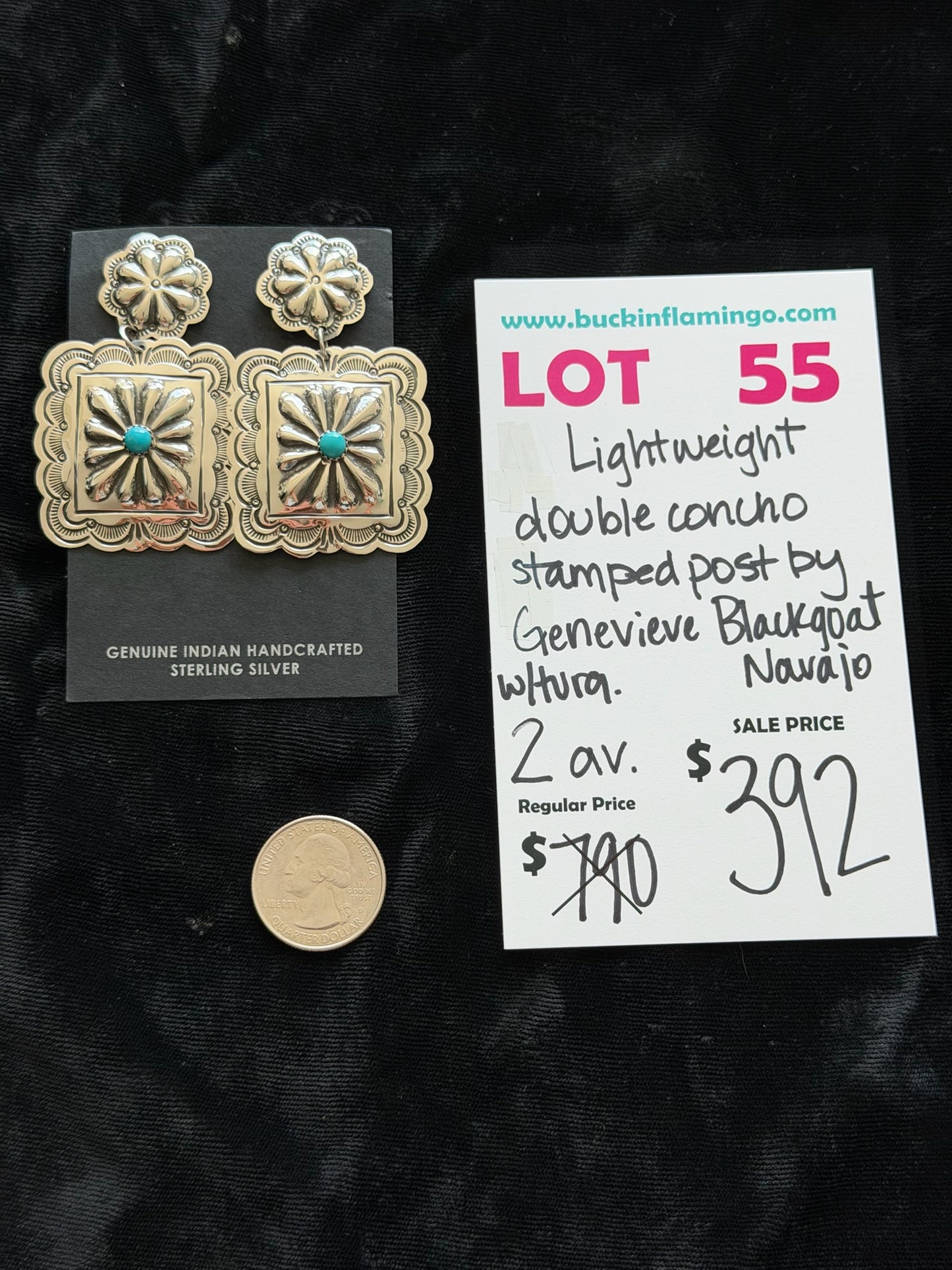LOT 55 5/31 Lightweight Double Concho Stamped Post w/Turquoise by Genevieve Blackgoat, Navajo