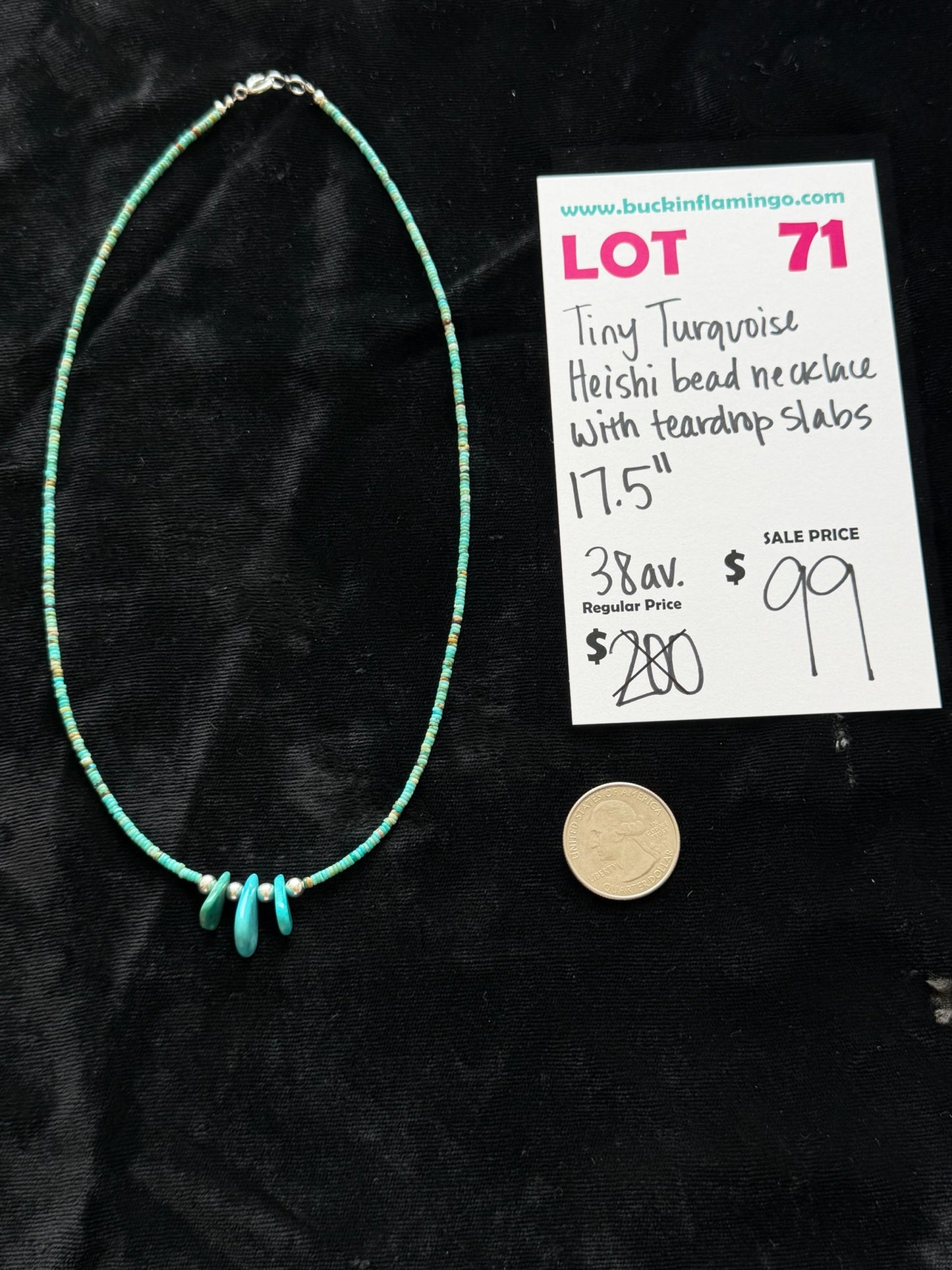 LOT 71 5/31 Tiny Turquosie Heishi Bead Necklace with Teardrop Slabs 17.5”