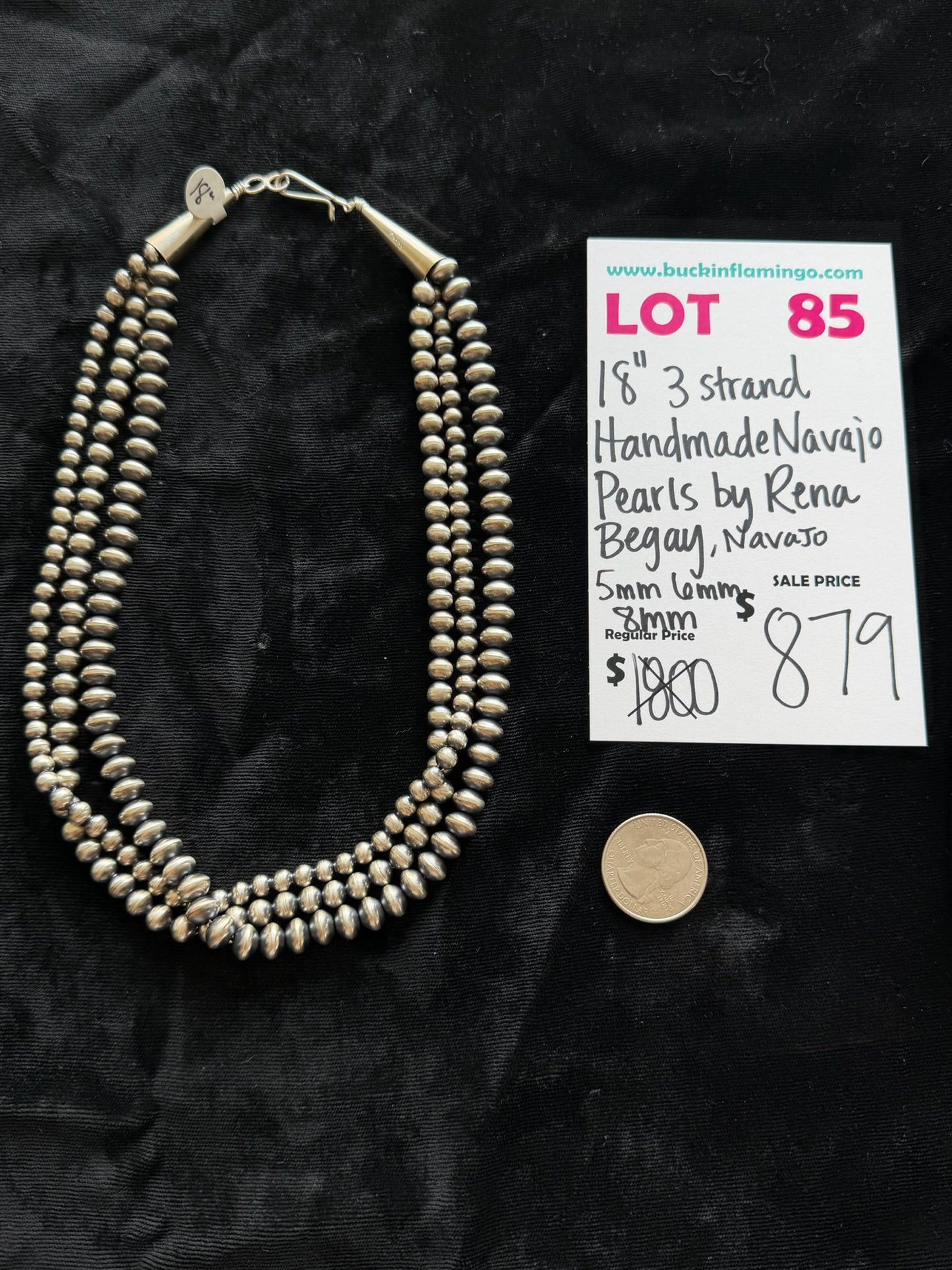 LOT 85 5/31 18” 3 Strand Handmade Navajo Pearls by Rena Begay, Navajo 5mm, 6mm, 8mm
