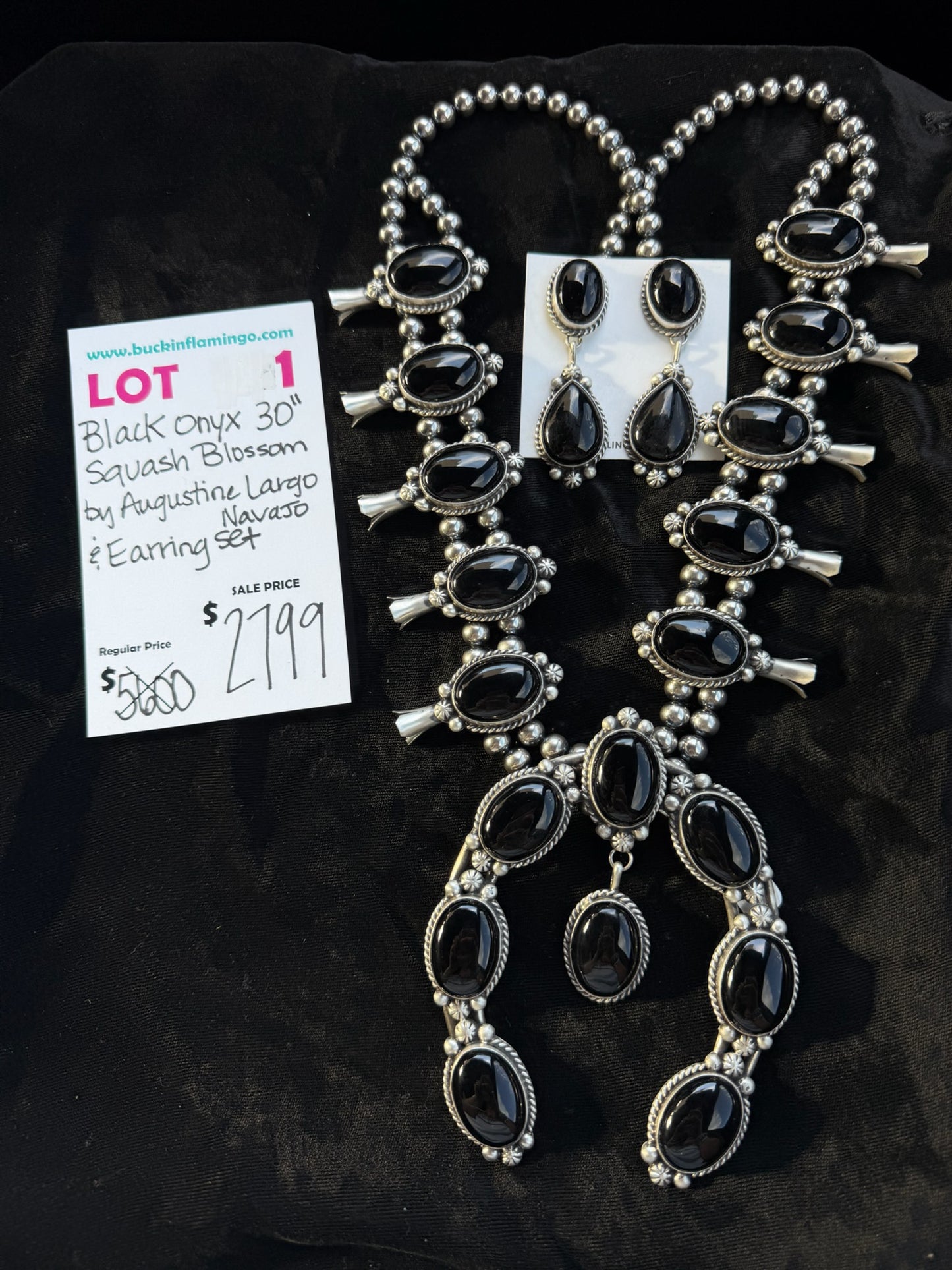 LOT 1 6/7 Black Onyx 30” Squash Blossom & Earring Set by Augustine Largo, Navajo