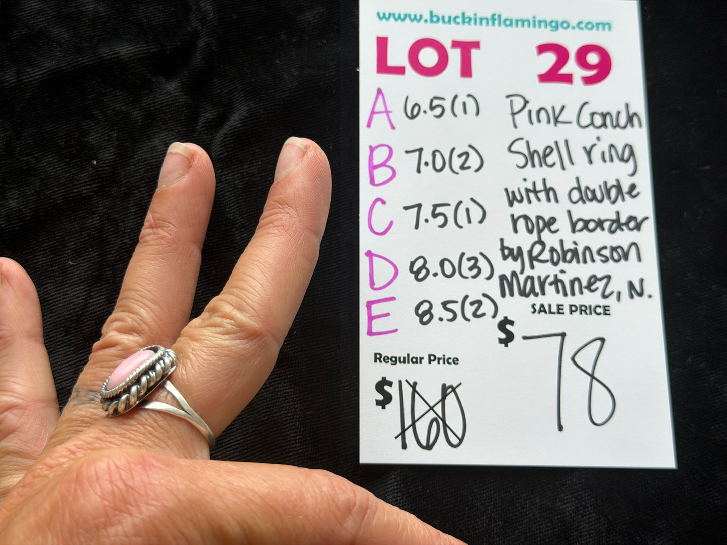 LOT 29 C 6/7 7.5 Pink Conch Shell Ring with Double Rope Border by Robinson Martinez, Navajo