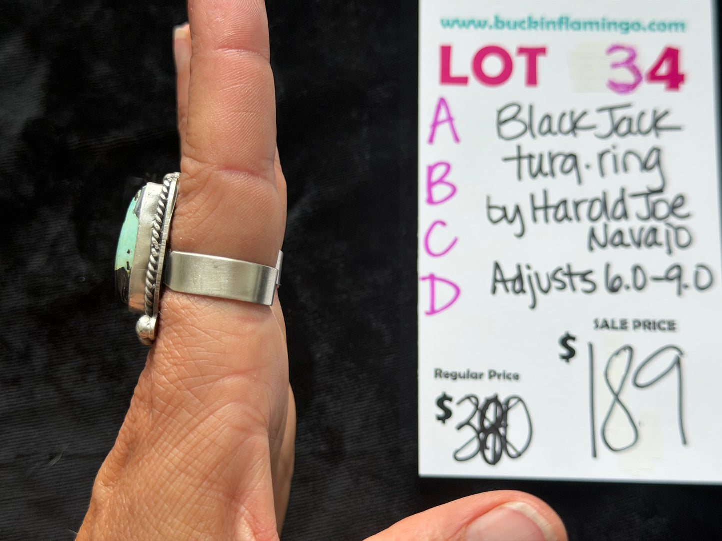 LOT 34 B 6/7 BlackJack Turquoise Adjustable 6.0-9.0 Ring by Harold Joe, Navajo