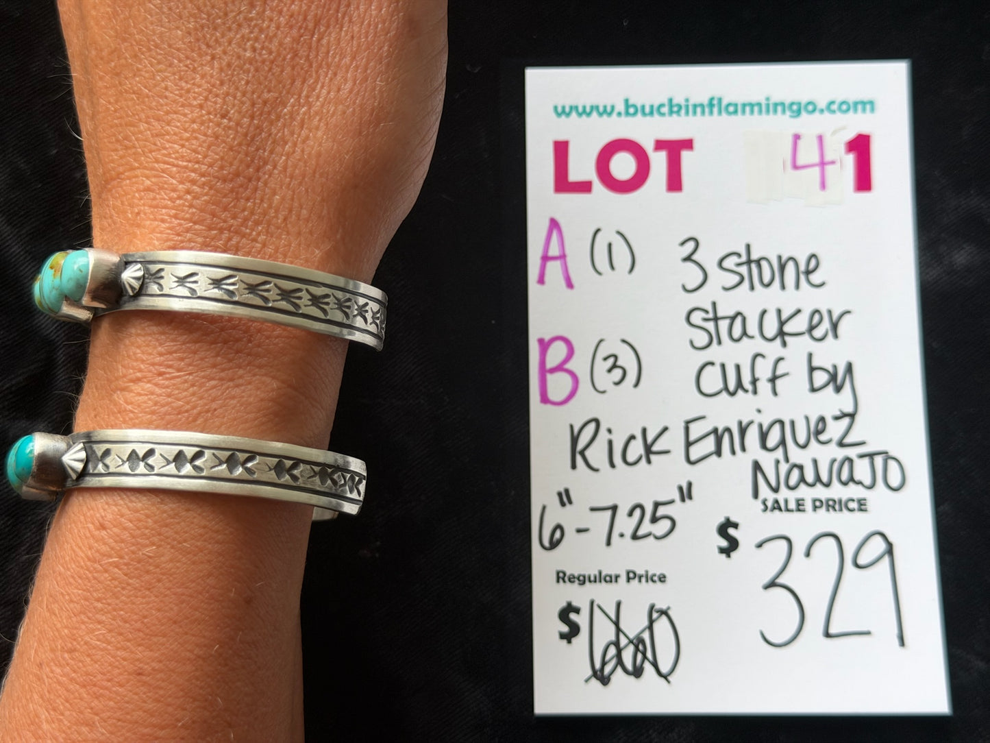 LOT 41 A 6/7 3 Stone Stacker Cuff by Rick Enriquez, Navajo 6”-7.25”