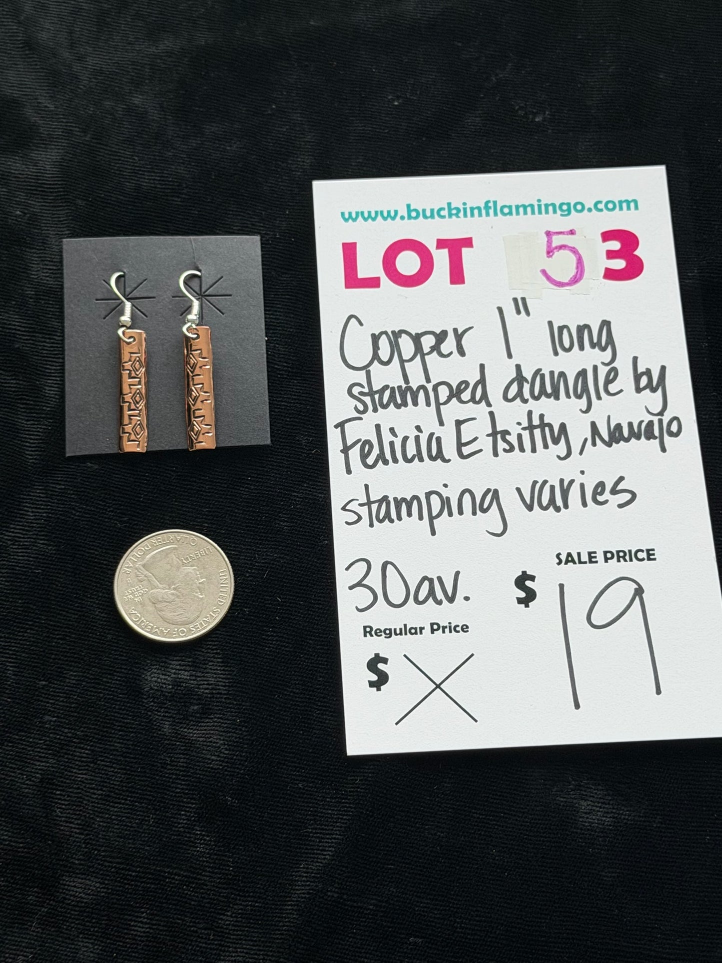 LOT 53 6/7 Copper Straight Dangle Rectangle by Felicia Etsitty, Navajo (Stamp Design Varies)