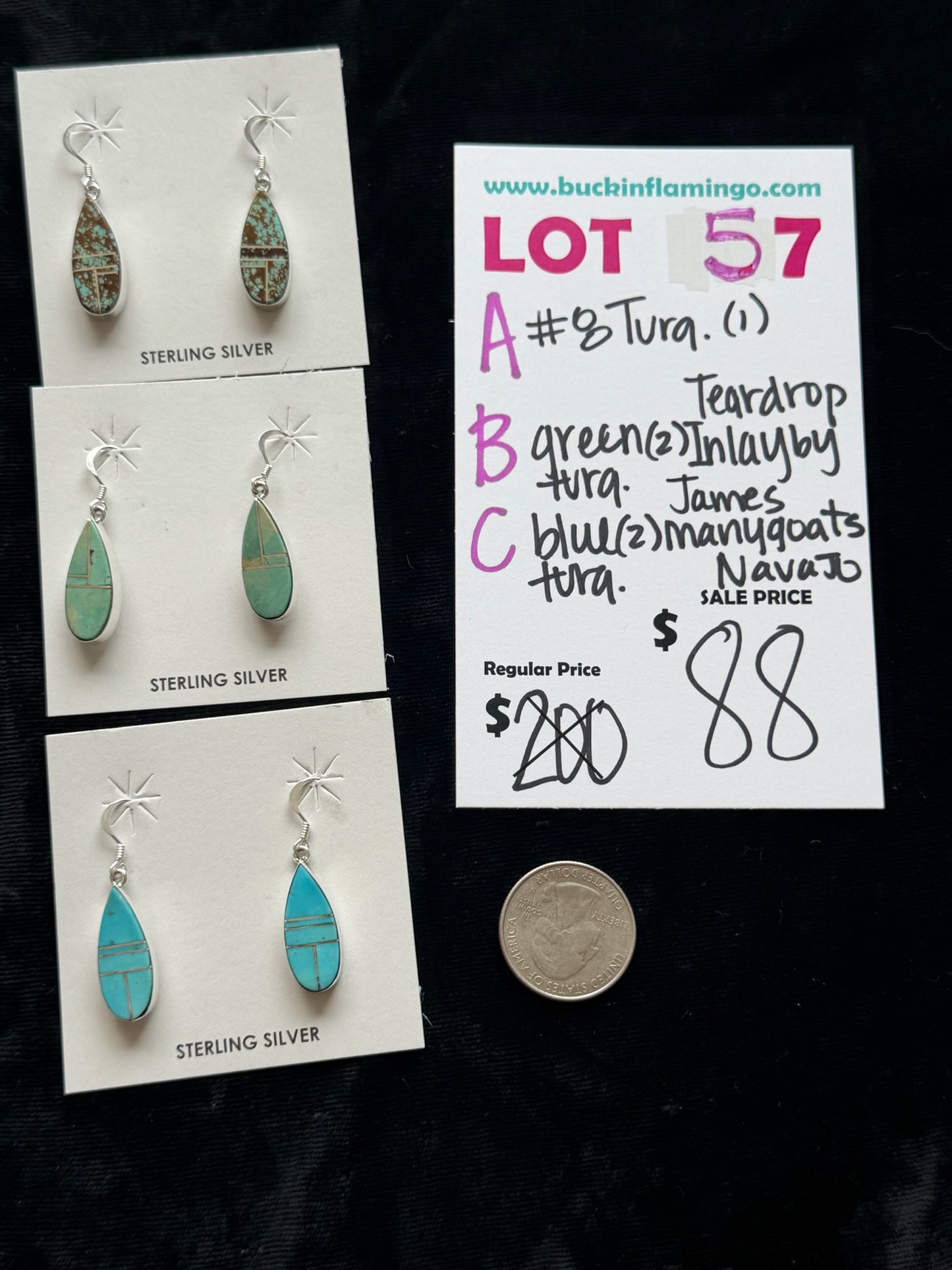 LOT 57 B 6/7 Green Turquoise Teardrop Earrings by James Manygoats, Navajo