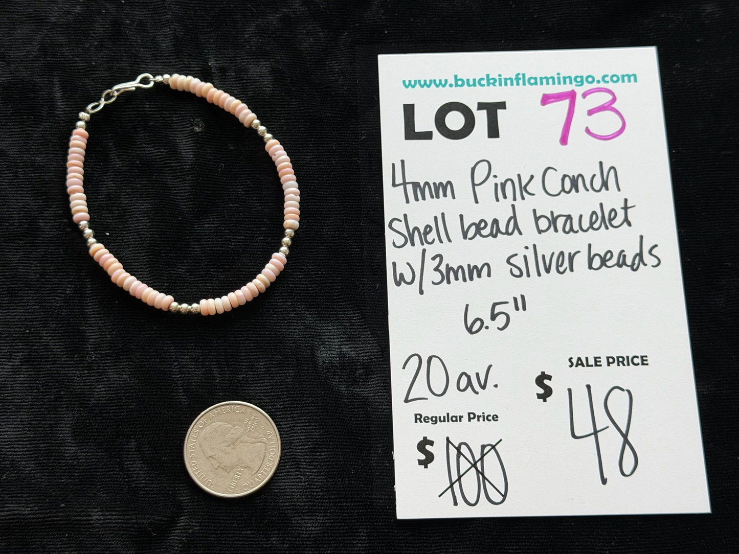 LOT 73 6/7 4mm Pink Conch Shell Bead Bracelet w/ 3mm Silver Beads 6.5”