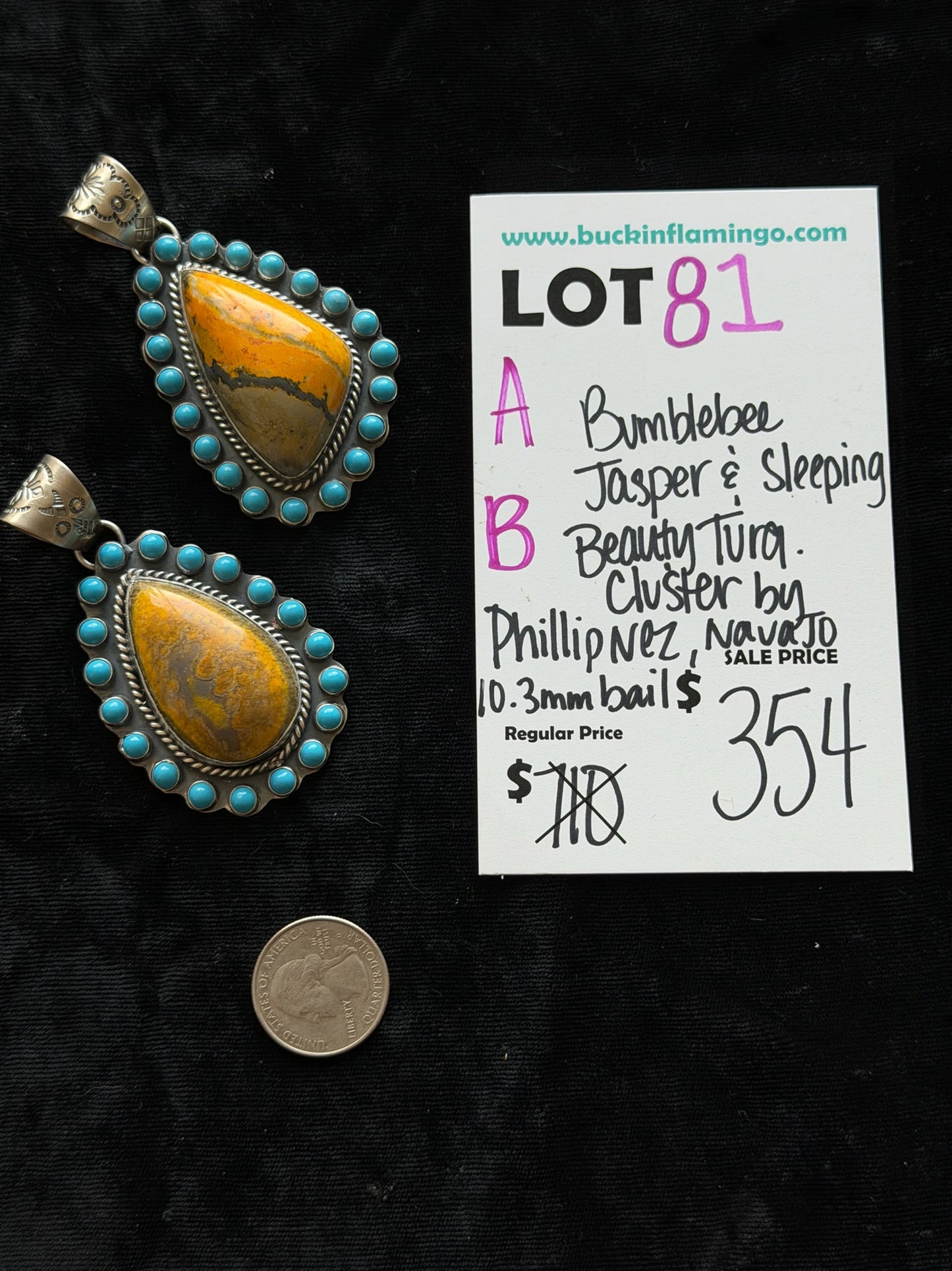 LOT 81 B 6/7 Bumblebee Jasper & Sleeping Beauty Turquoise Cluster by Phillip Nez, Navajo 10.3MM Bail