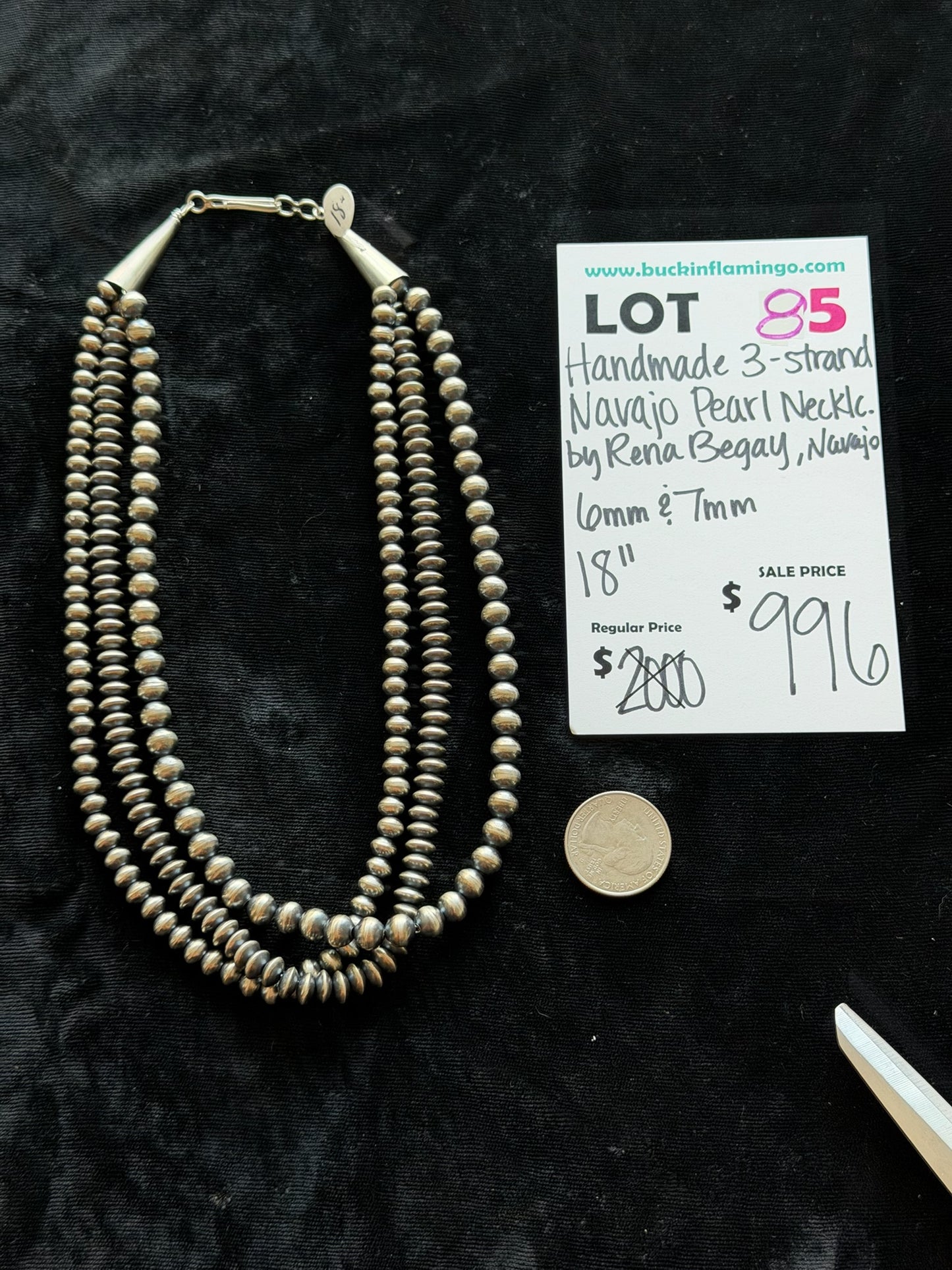 LOT 85 6/7 Handmade 3-Strand Navajo Pearl Necklace by Rena Begay, Navjo 6mm & 7mm 18”