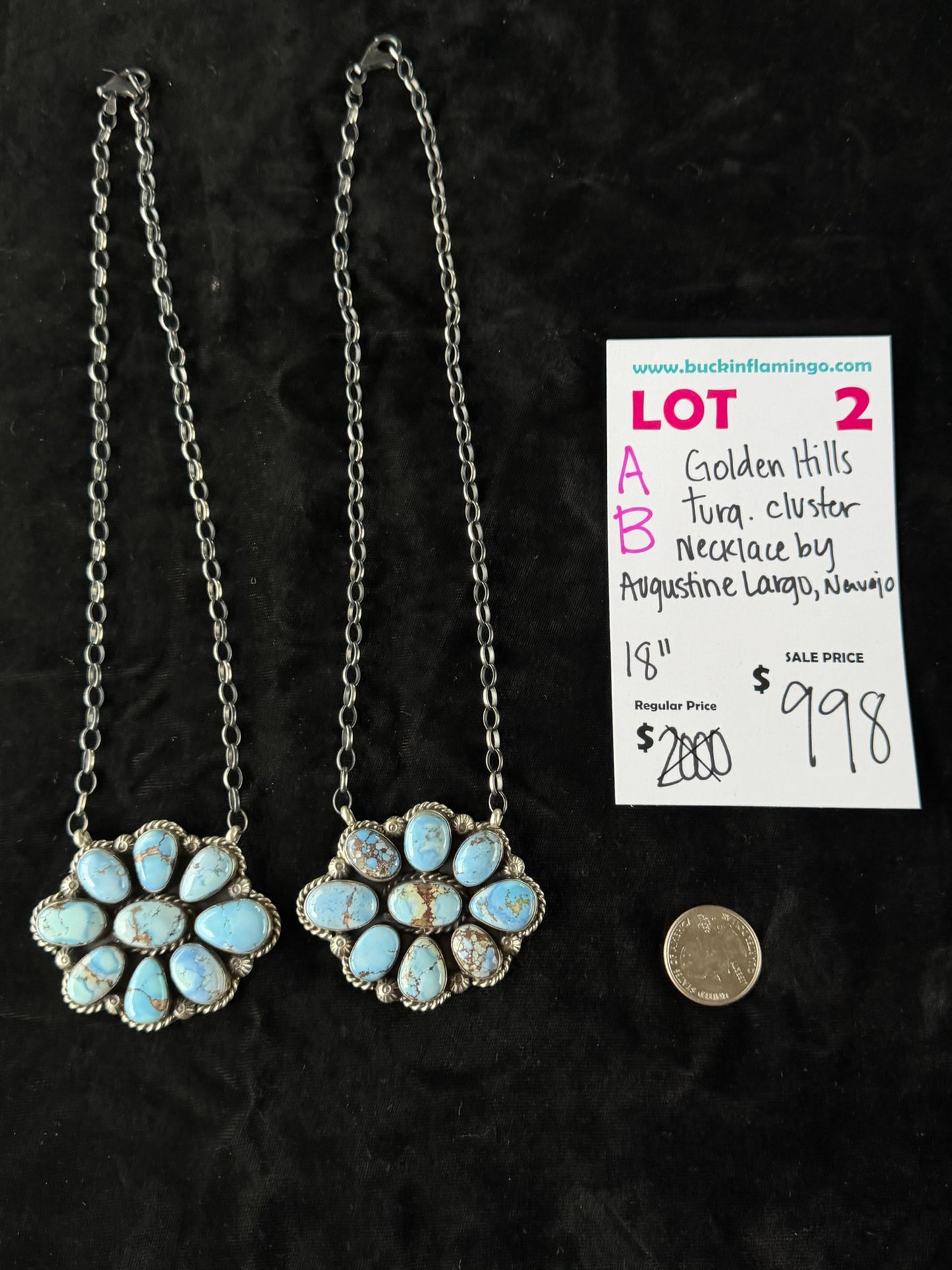 LOT 2 A 6/14 Golden Hills Turquoise Cluster Necklace 18” by Augustine Largo, Navajo
