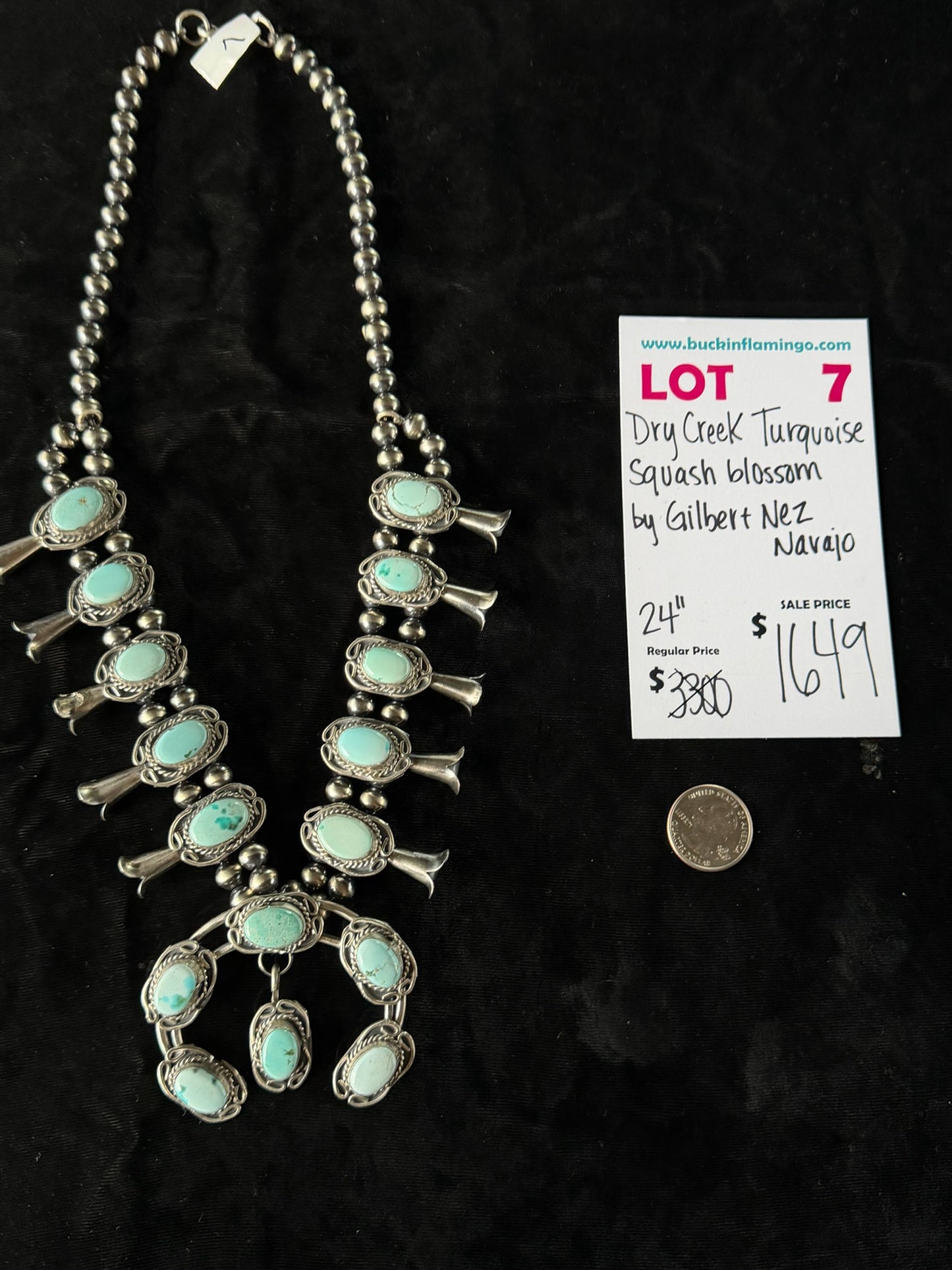 LOT 7 6/14 Dry Creek Turquoise 24” Squash Blossom by Gilbert Nez, Navajo