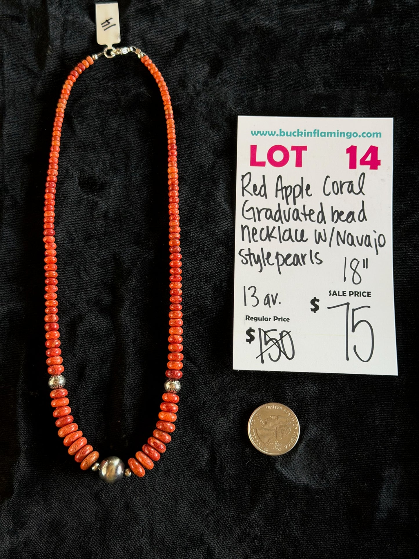 LOT 14 6/14 Red Apple Coral Graduated Bead Necklace 18” W/Navajo Style Pearls