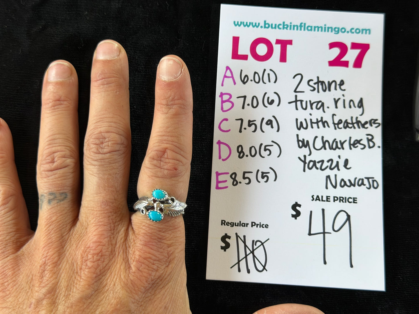 LOT 27 A 6/14 6.0 2 Stone Turquoise Ring with Feathers by Charles B. Yazzie, Navajo