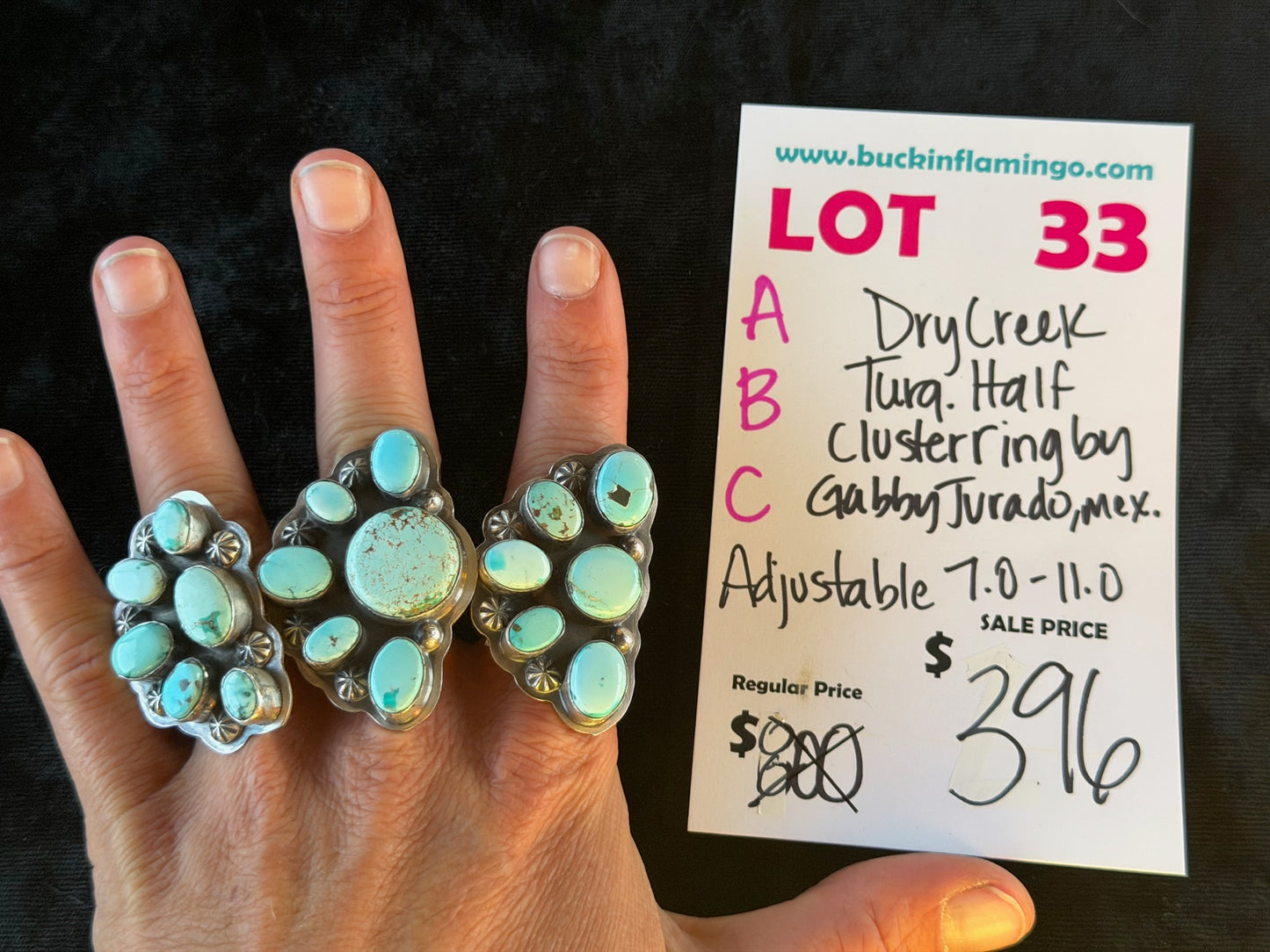 LOT 33 C 6/14 Dry Creek Turquoise Half Cluster Adjustable Ring 7.0-11.0 by Gabby Jurado, Mexican