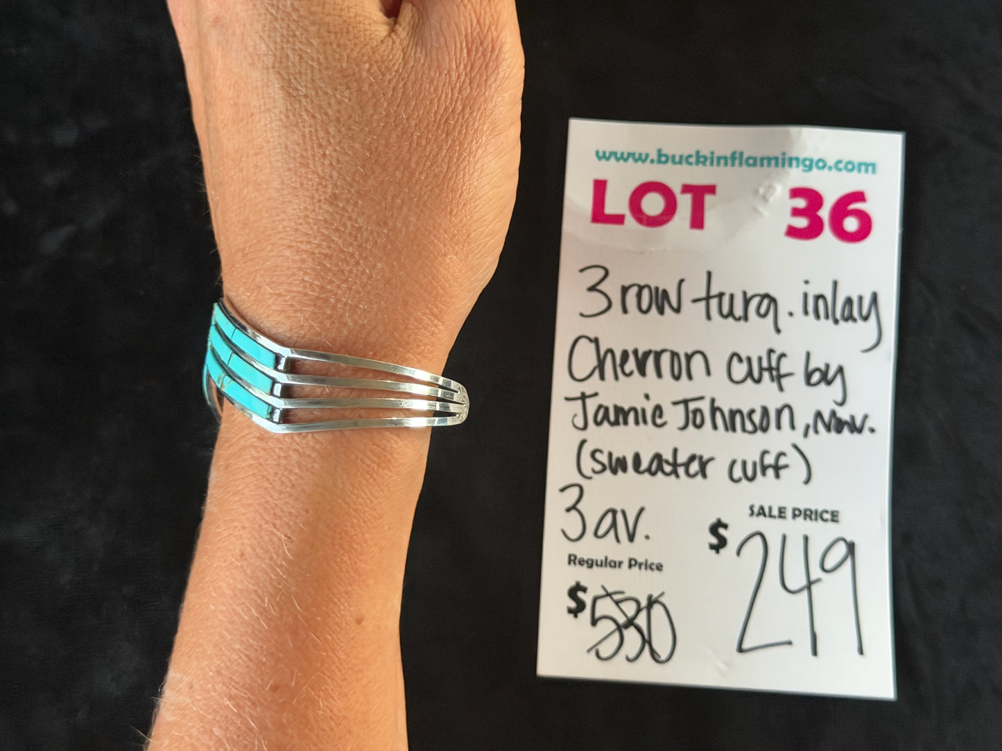 LOT 36 6/14 3 Row Turquoise Inlay Chevron Cuff by Jamie Johnson, Navajo (Sweater Cuff)