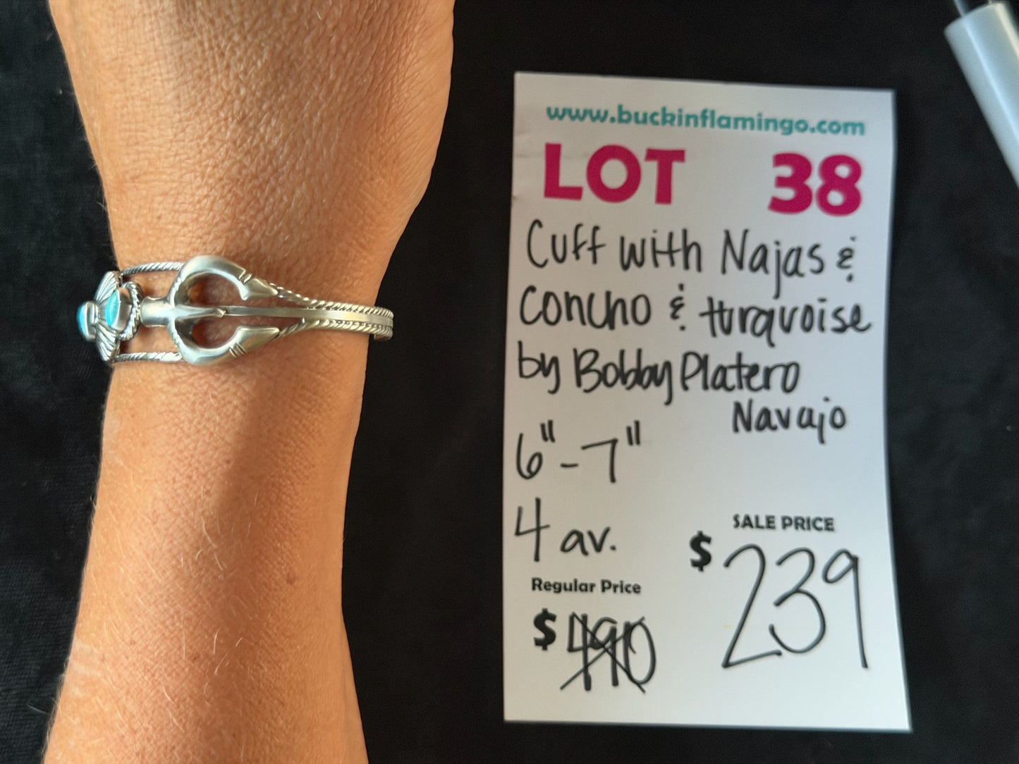 LOT 38 6/14 Cuff with Naja & Concho & Trquoise by Bobby Platero, Navajo 6”-7”