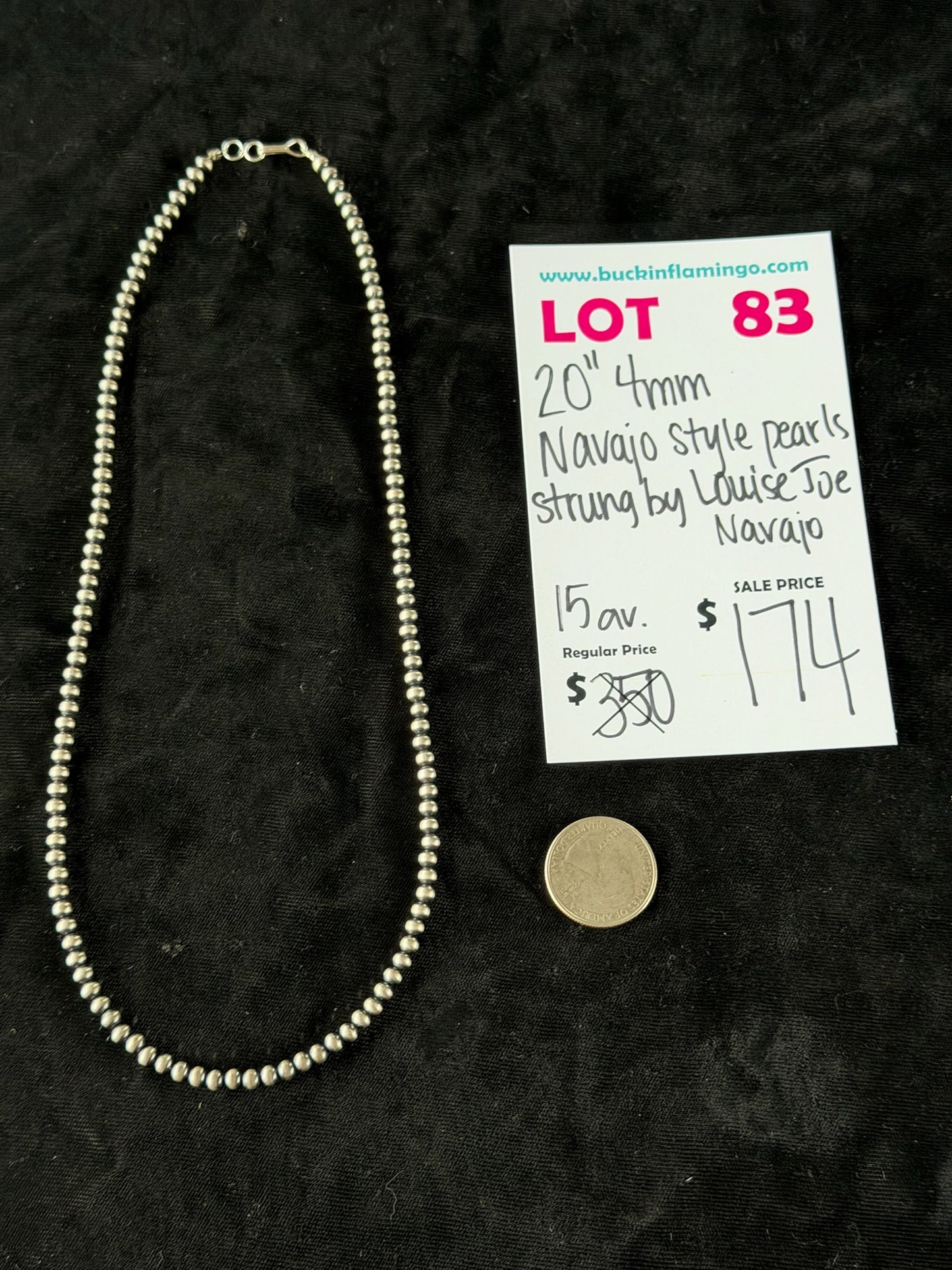 LOT 83 6/14 20” 4mm Navajo Style Pearls Strung by Louise Joe, Navajo