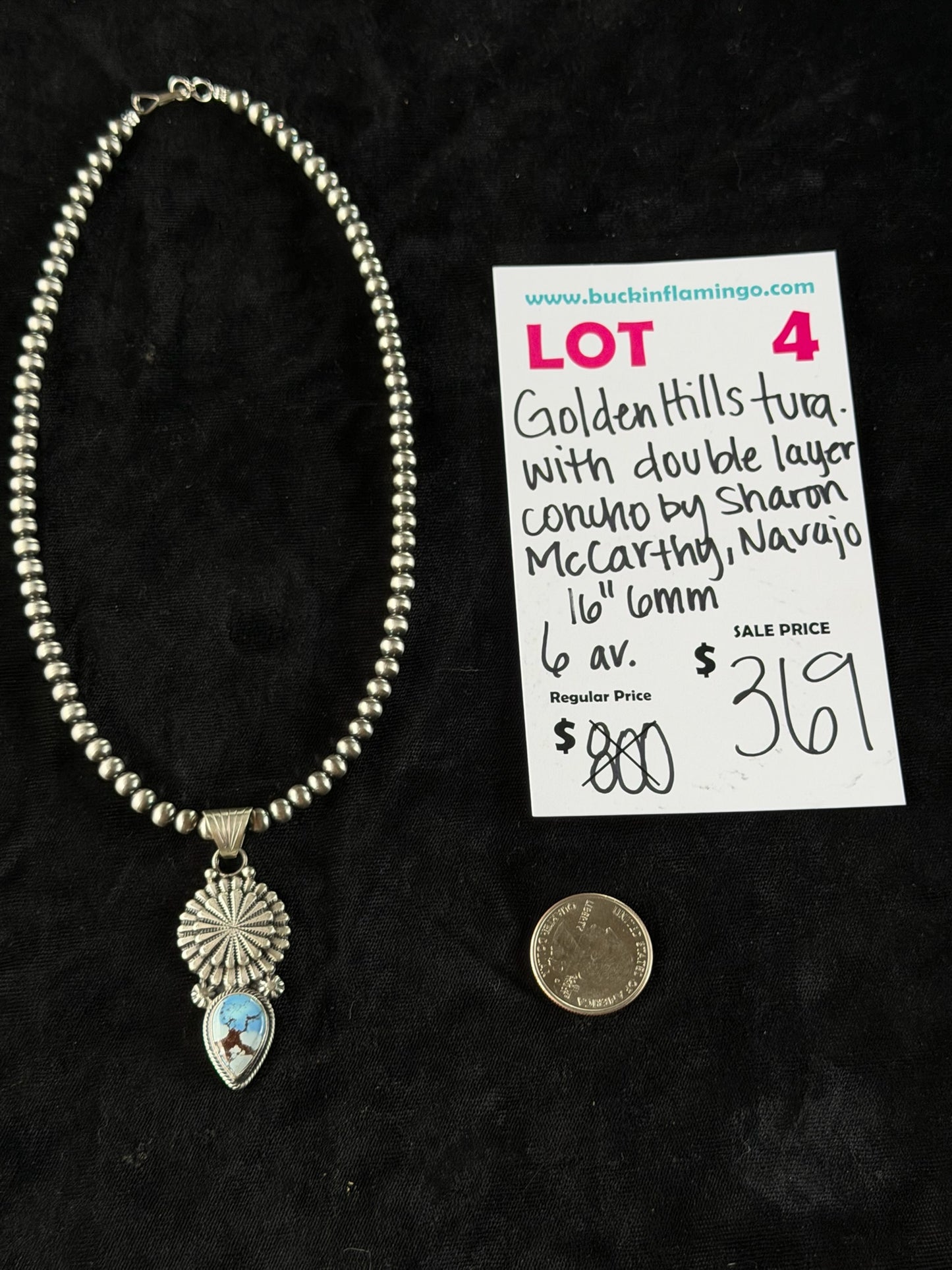 LOT 4 6/28 Golden Hills Turquoise with Double Layer Concho 16” 6mm by Sharon McCarthy, Navajo