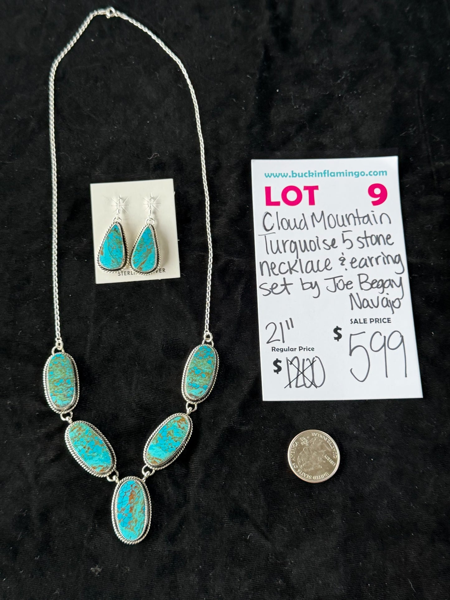 LOT 9 6/28 21” Cloud Mountain Turquoise 5 Stone Neckace & Earring Set by Joe Begay, Navajo