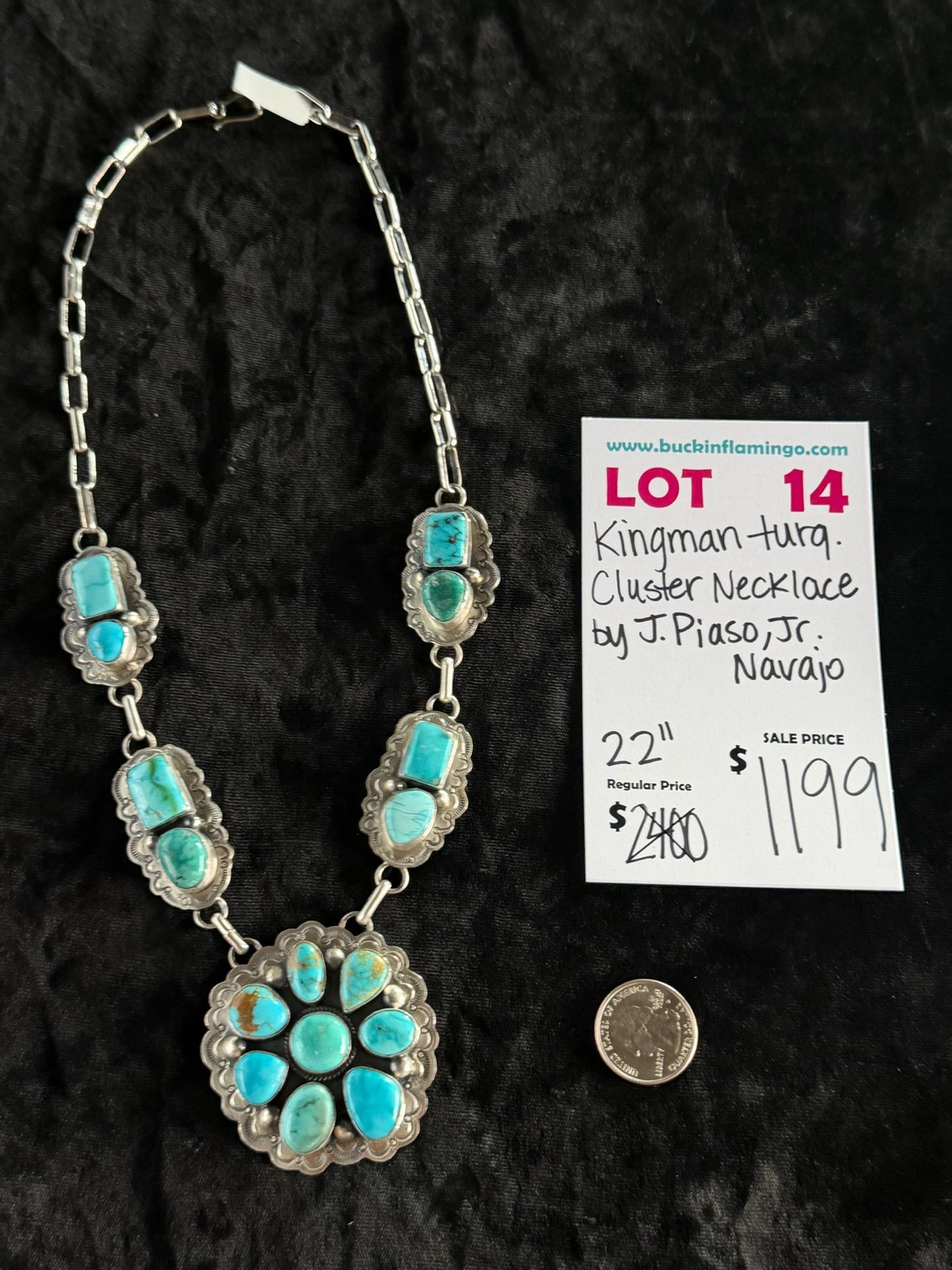 LOT 14 6/28 Kingman Turquoise Cluster Necklace by J. Piaso, Jr., Navajo 22”