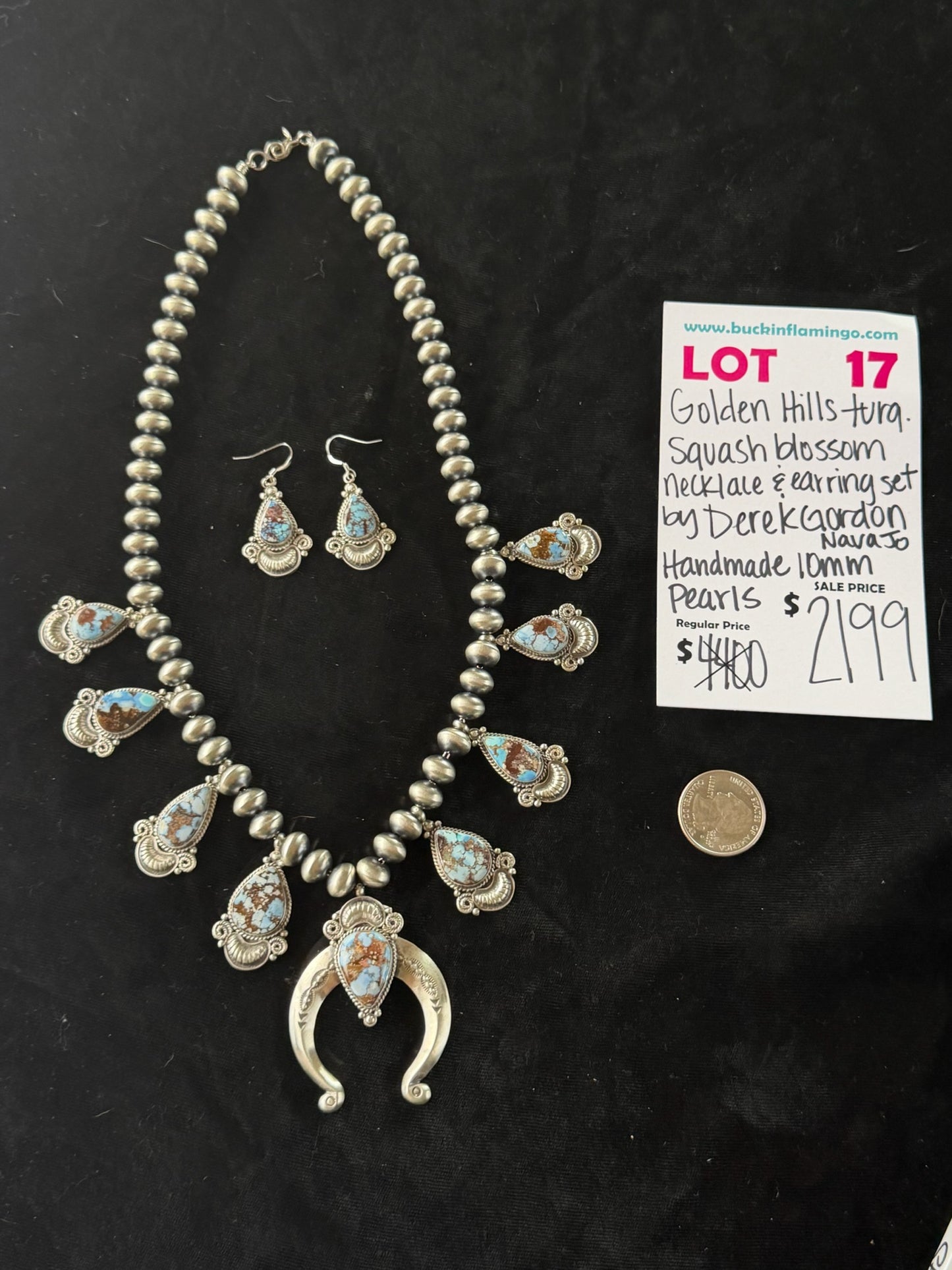 LOT 17 6/28 Golden Hills Turquoise Squash Blossom Necklace & Earring Set by Derek Gordon, Navajo Handmade Pearls 10mm