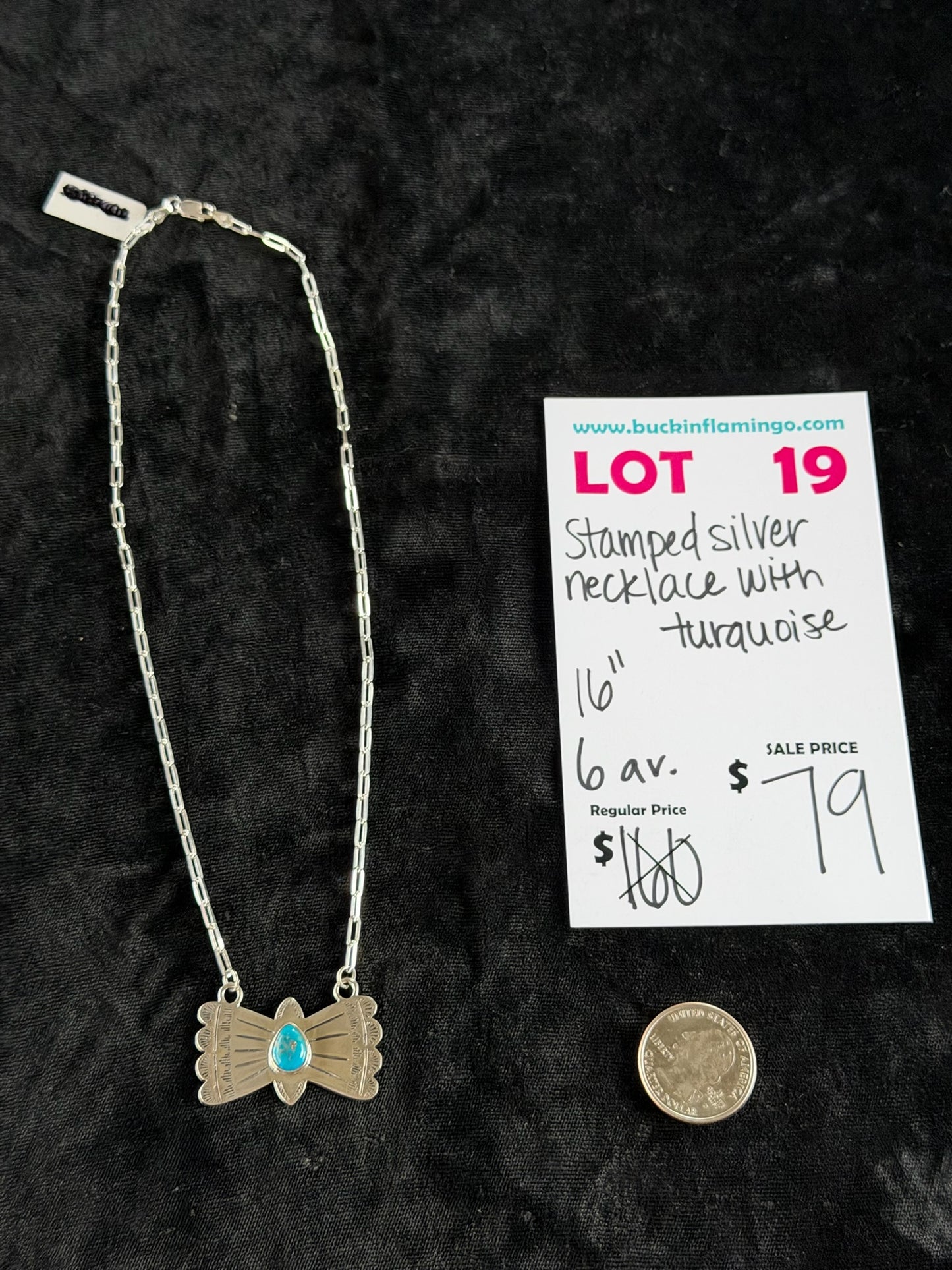LOT 19 6/28 Stamped Silver Necklace with Turquoise 16”