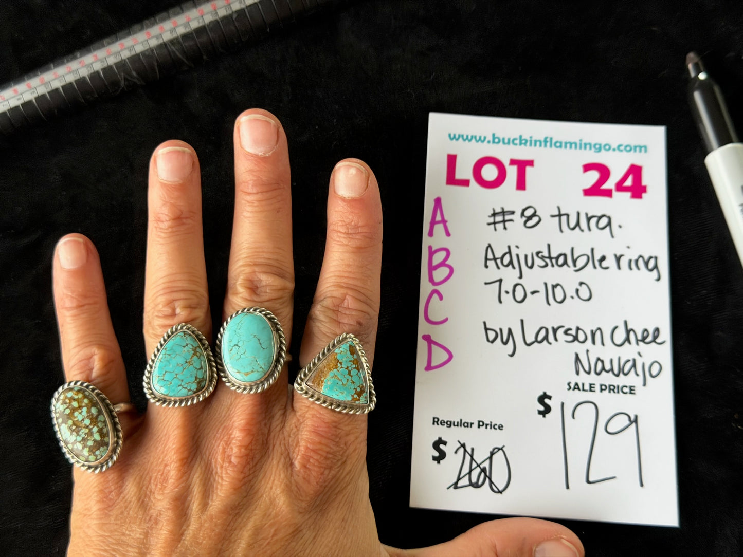 LOT 24 A 6/28 #8 Turquoise Adjustable Ring 7.0-10.0 by Larson Chee, Navajo