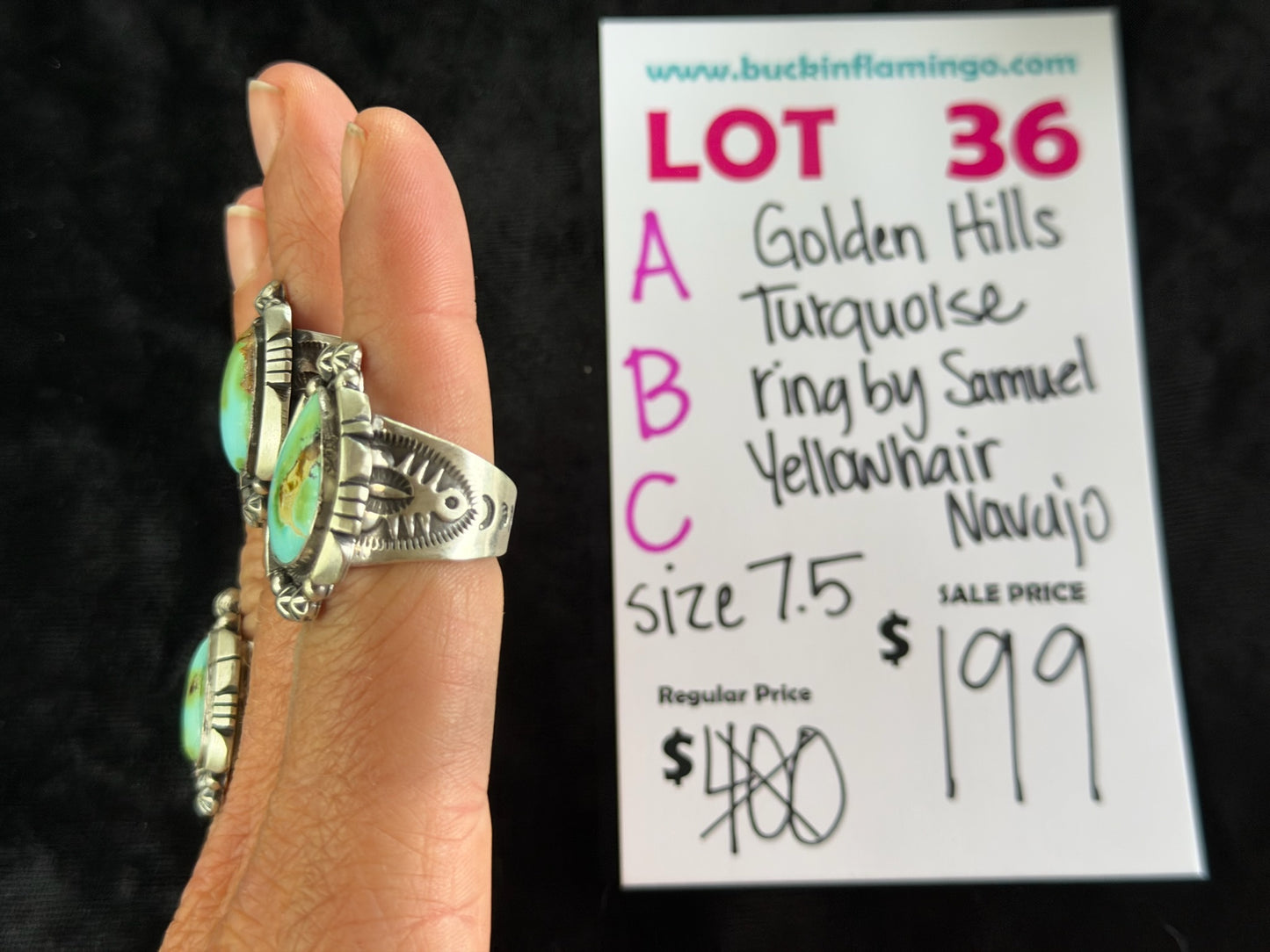 LOT 36 C 6/28 7.5 Golden Hills Turquoise Ring by Samuel Yellowhair, Navajo