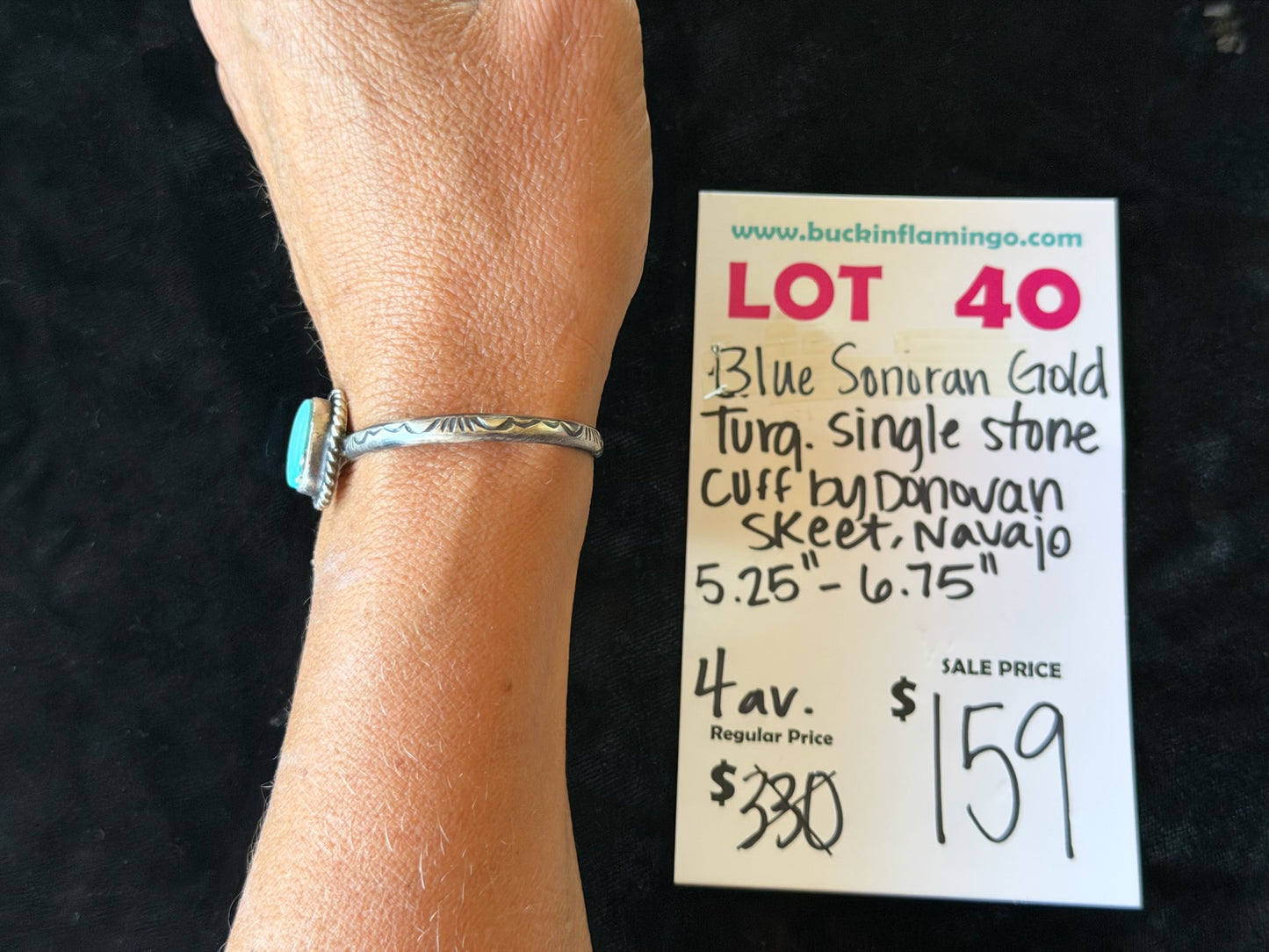 LOT 40 6/28 Blue Sonoran Gold Turquoise Single Stone Cuff by Donovan Skeet, Navajo 5.25”-6.75”