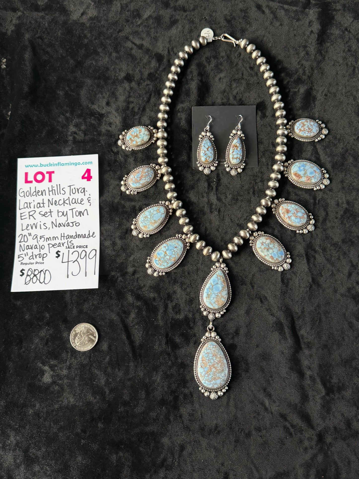 LOT 4 7/5 Golden Hills Turquoise Lariat Necklace & Earring Set by Tom Lewis, Navajo 10” 9.5mm Handmade Navajo Pearls 5” Drop