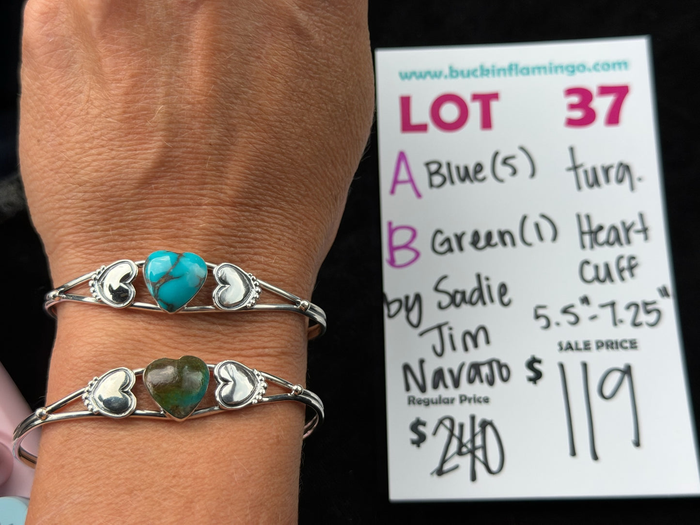 LOT 37 A 7/5 Blue Turquoise Heart Cuff 5.5”-7.25” by Sadie Jim, Navajo