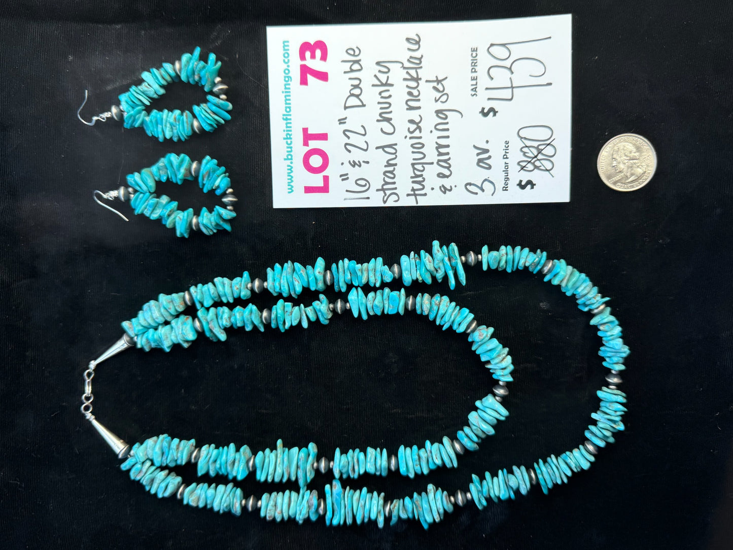 LOT 73 7/5 16” & 22” Double Strand Chunky Turquoise Necklace & Earring Set