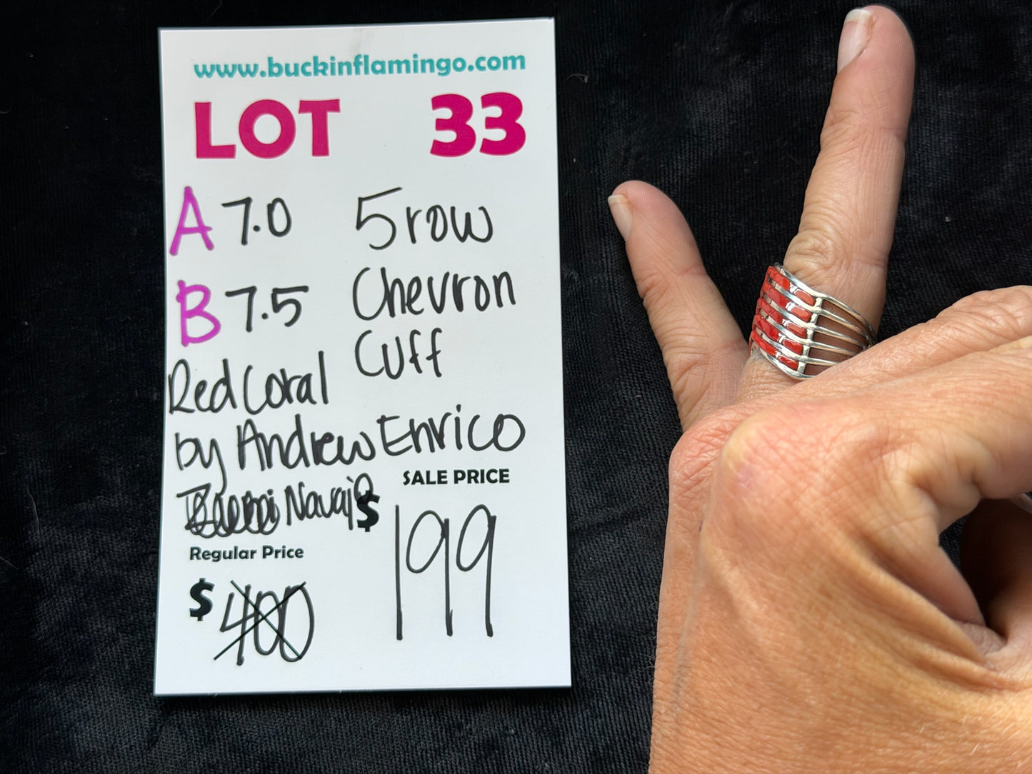 LOT 33 A 7/12 7.0 5 Row Chevron Cuff Red Coral by Andrew Enrico, Navajo