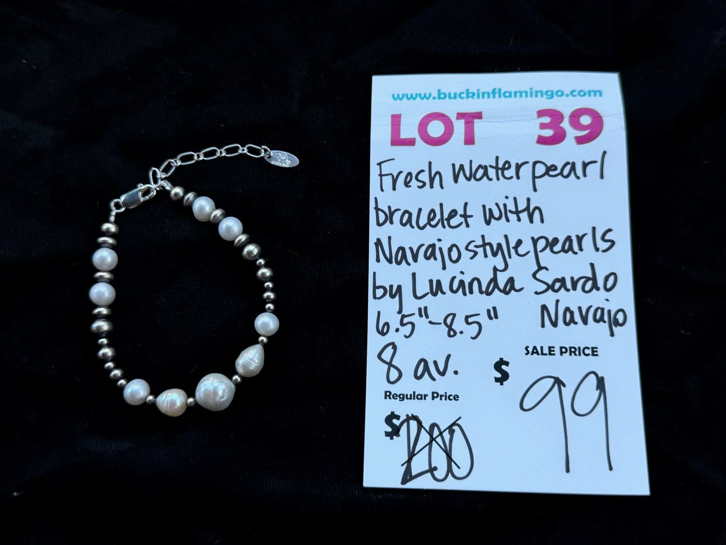 LOT 39 7/12 Fresh Water Pearl Bracelet with Navajo Style Pearls by Lucinda Sardo, Navajo 6.5”-8.5”