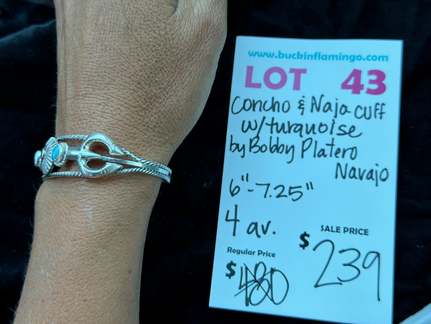 LOT 43 7/12 Concho & Naja Cuff w/Turquoise by Bobby Platero, Navajo 6”-7.25”