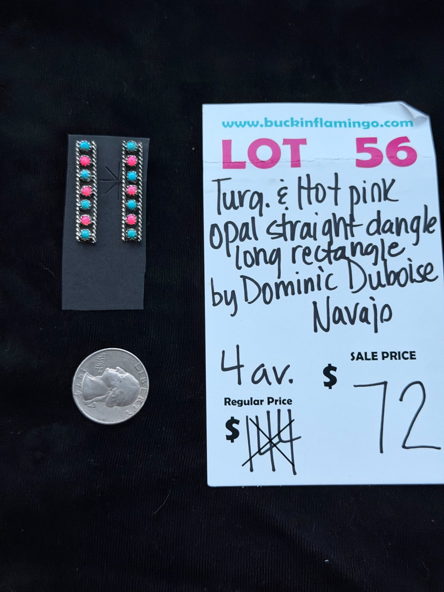 LOT 56 7/12 Turquoise & Hot Pink Opal Straight Dangle Lon Rectangle by Dominic Duboise, Navajo