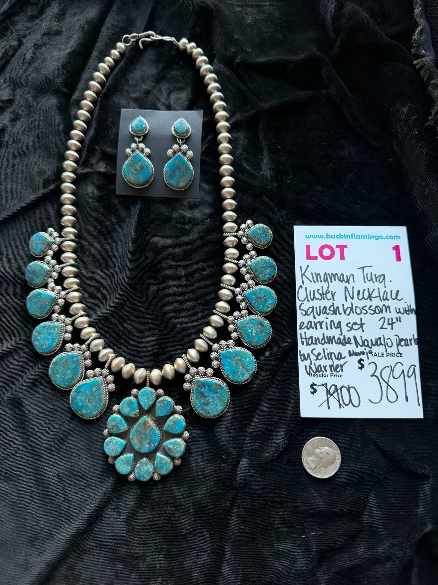 LOT 1 7/18 Kingman Turquoise Cluster Necklace Squash Blossom & Earring Set 24” Handmade Navajo Pearls by Selina Warner, Navajo