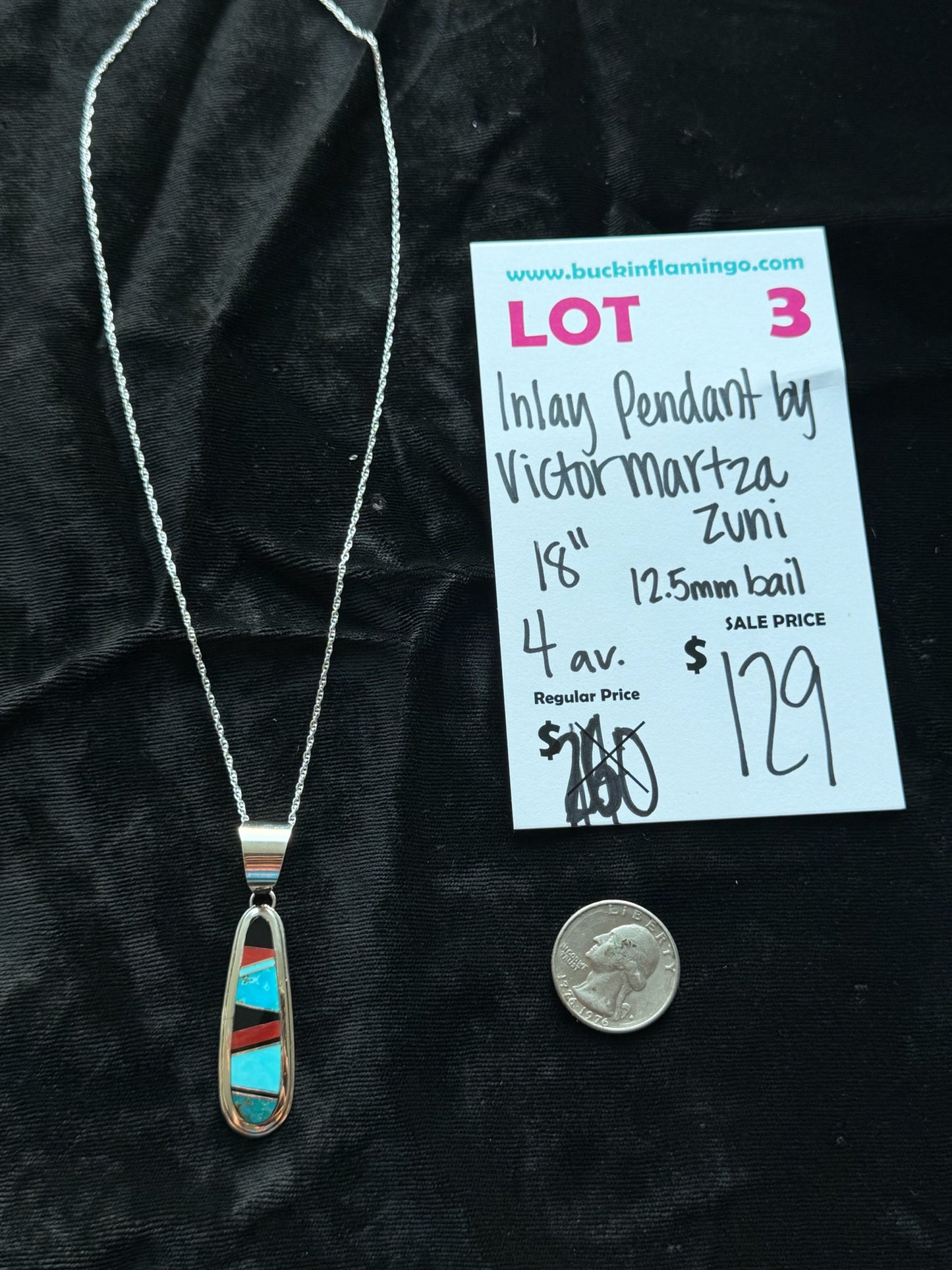 LOT 3 7/12 Inlay Pendant by Victor Maritza, Zuni 18” 12.5mm Bail