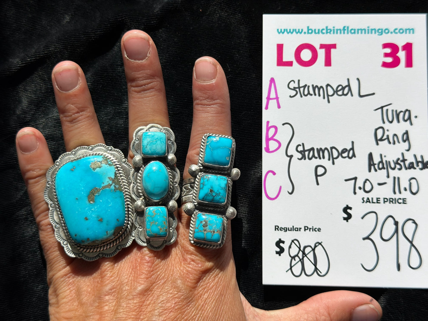 LOT 31 C 7/18 Adjustable 7.0-11.0 Turquoise Ring Stamped P