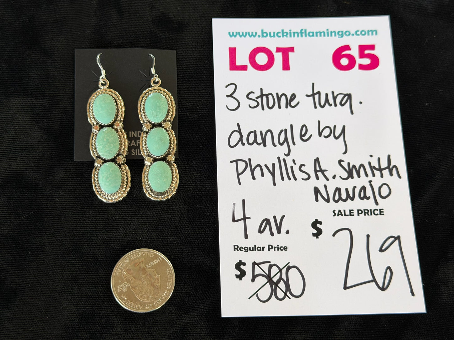 LOT 65 7/18 3 Stone Turquoise Dangle by Phyllis A. Smith, Navajo