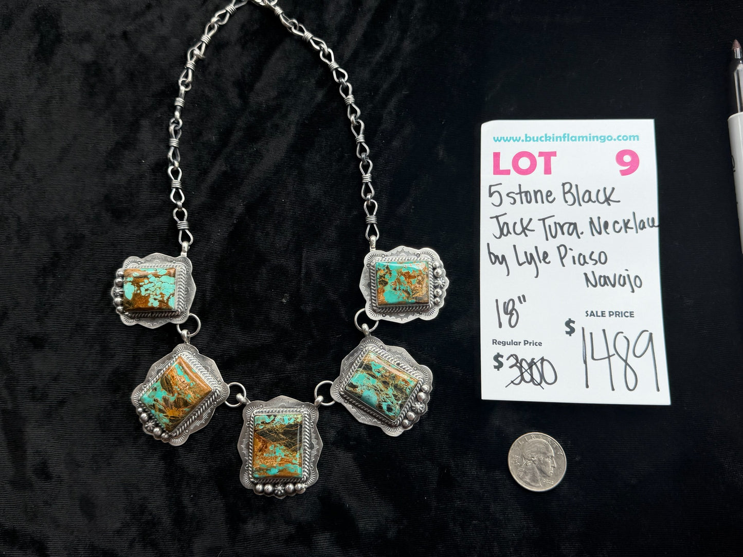 LOT 9 7/26 5 Stone Black Jack Turquoise 18” Necklace by Lyle Piaso, Navajo