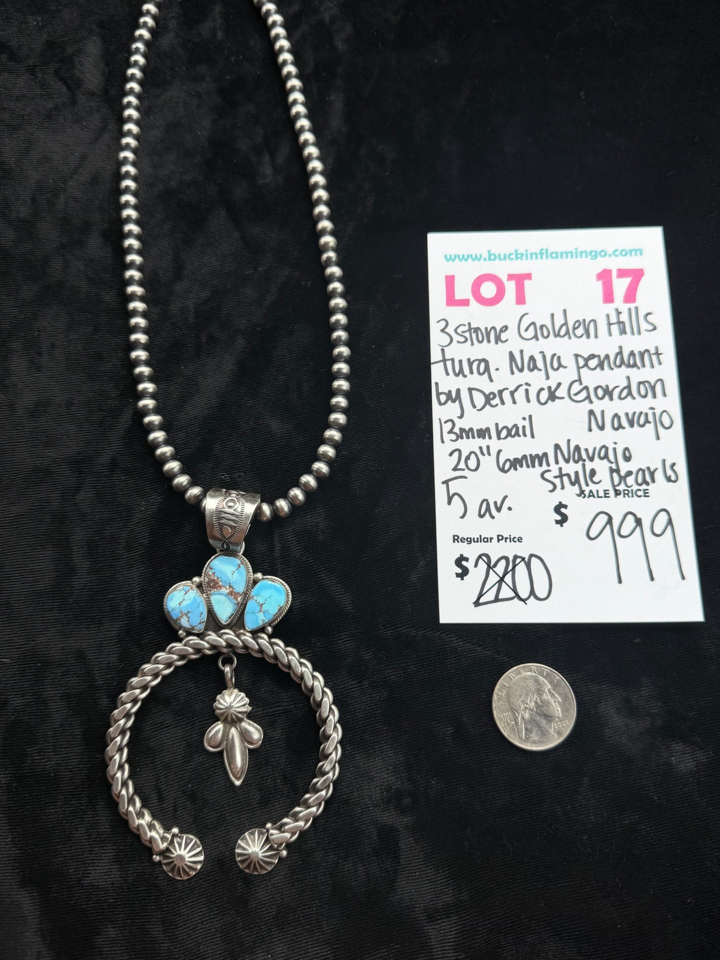 LOT 17 7/26 3 Stone Golden Hills Turquoise Naja Pendant by Derrick Gordon, Navajo 13mm Bail 20” 6mm Navajo Style Pearls