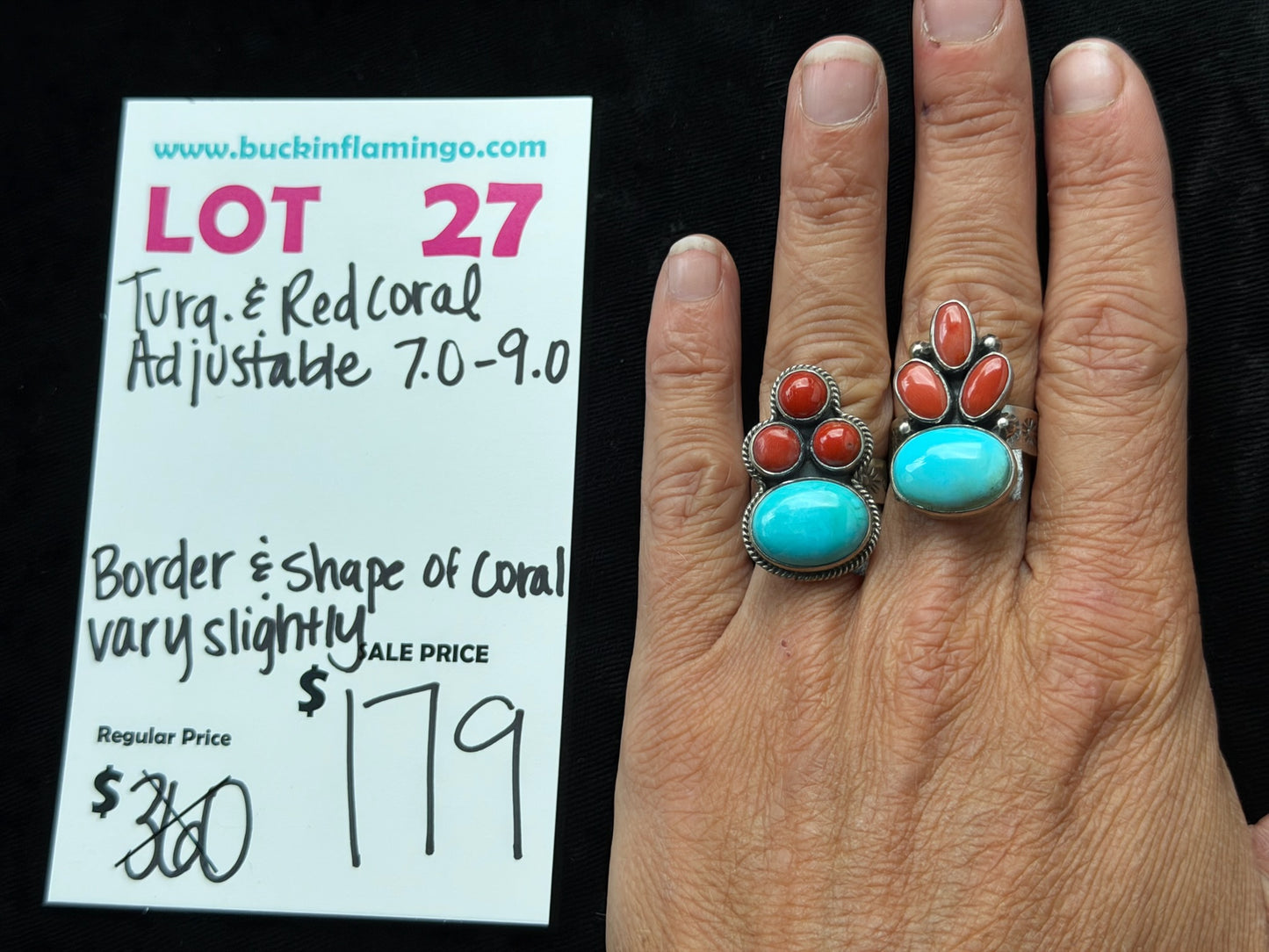 LOT 27 7/26 Turquoise & Red Coral Adjustable 7.0-9.0 Border & Shape of Coral Vary Slightly