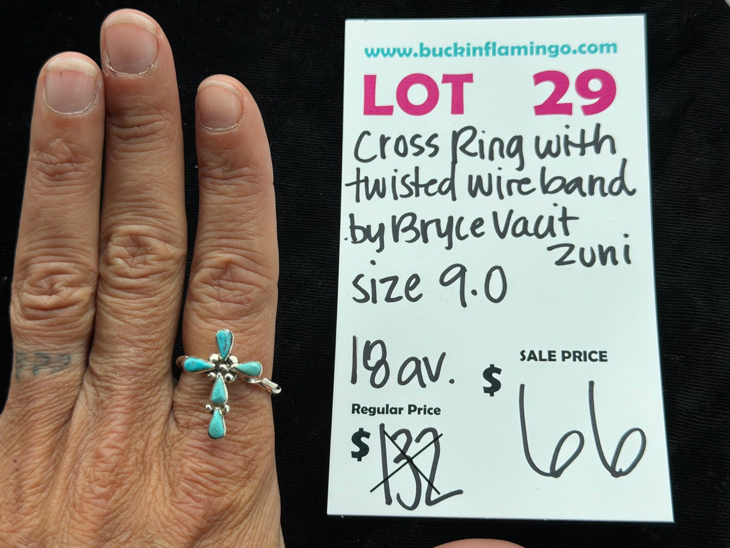 LOT 29 7/26 Size 9.0 Cross Ring with Twisted Wire Band by Bryce Vacit, Zuni