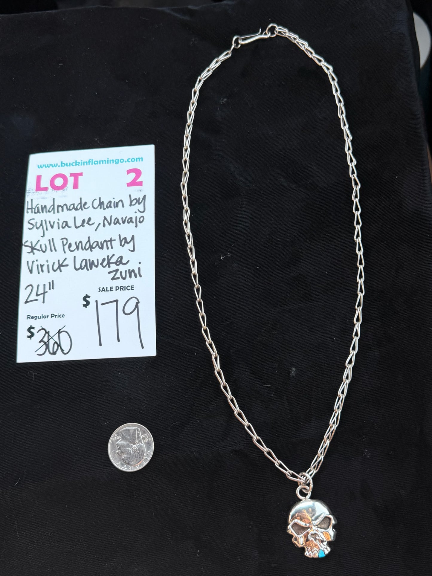 LOT 2 7/26 Handmade 24” Chain by Sylvia Lee, Navajo Skull Pedant by Virick Laweka, Zuni