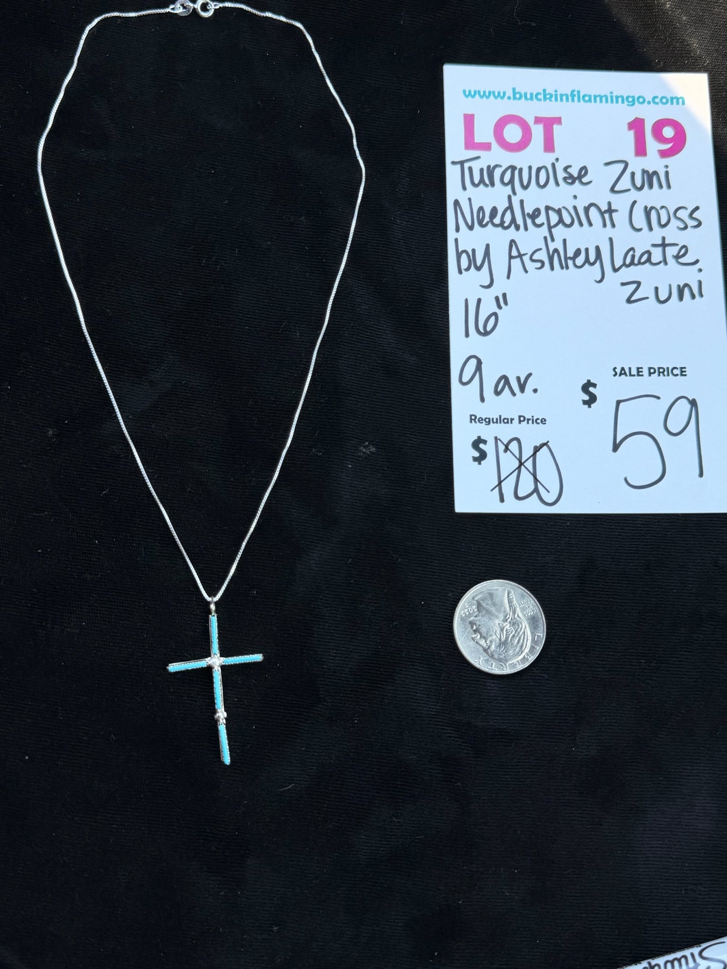 LOT 19 7/26 Turquoise Zuni Needlepoint Cross by Ashley Laate, Zuni 16”