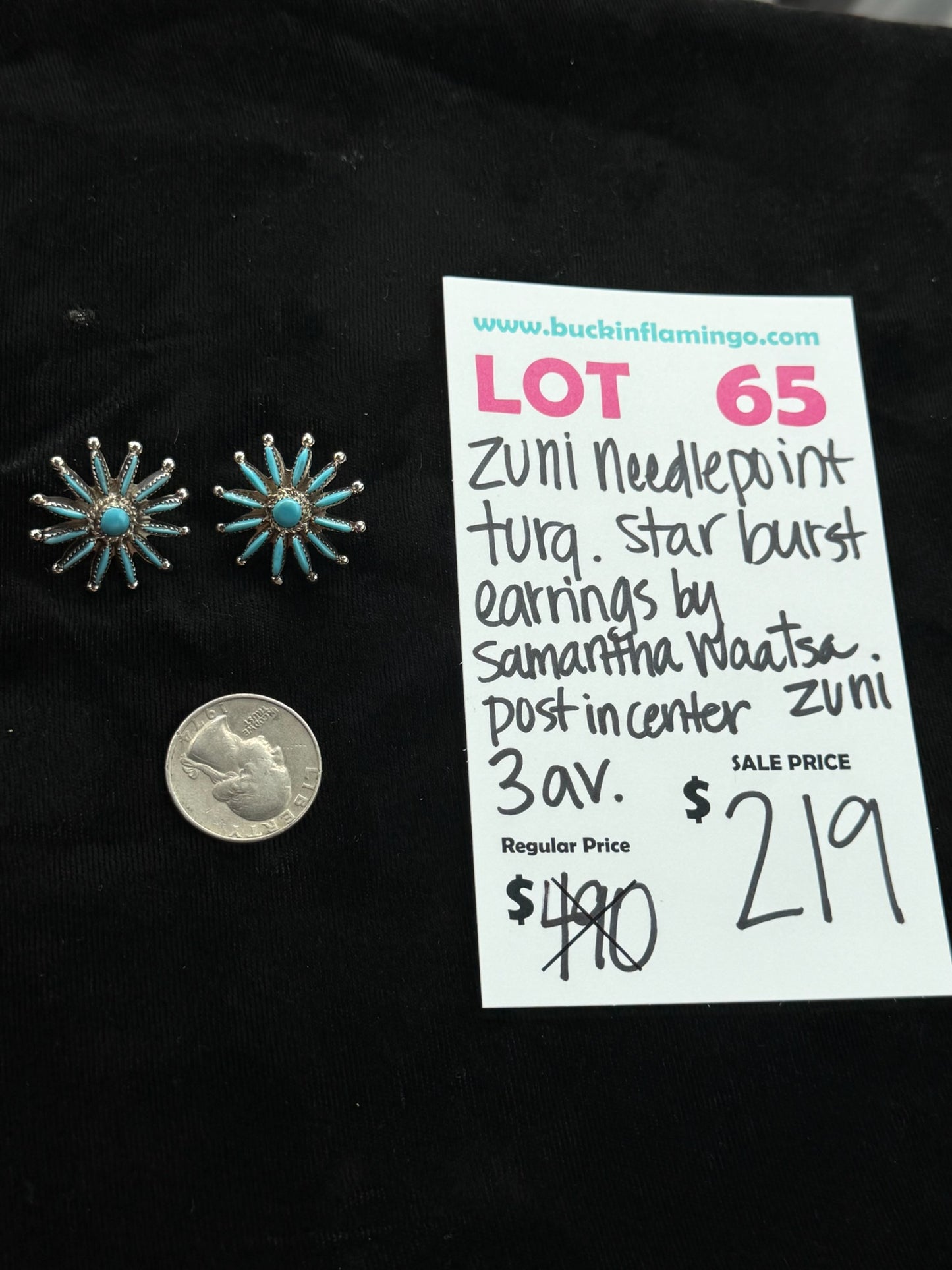 LOT 65 7/26 Zuni Needlepoint Turquoise Star Burst Earrigs by Samantha Waatsa, Zuni