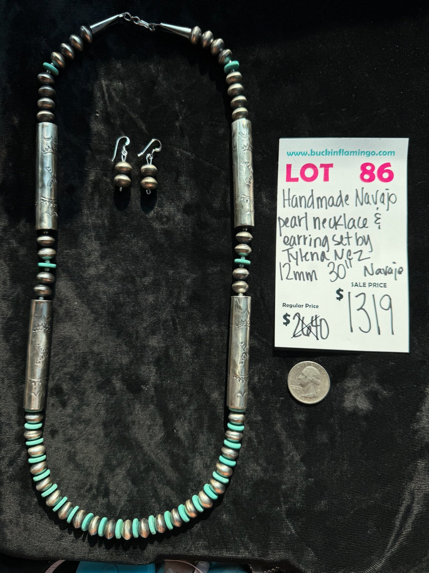 LOT 86 7/26 Handmade Navajo Pearl Necklace & Earring Set by Tylena Nez, Navajo 12mm 30”