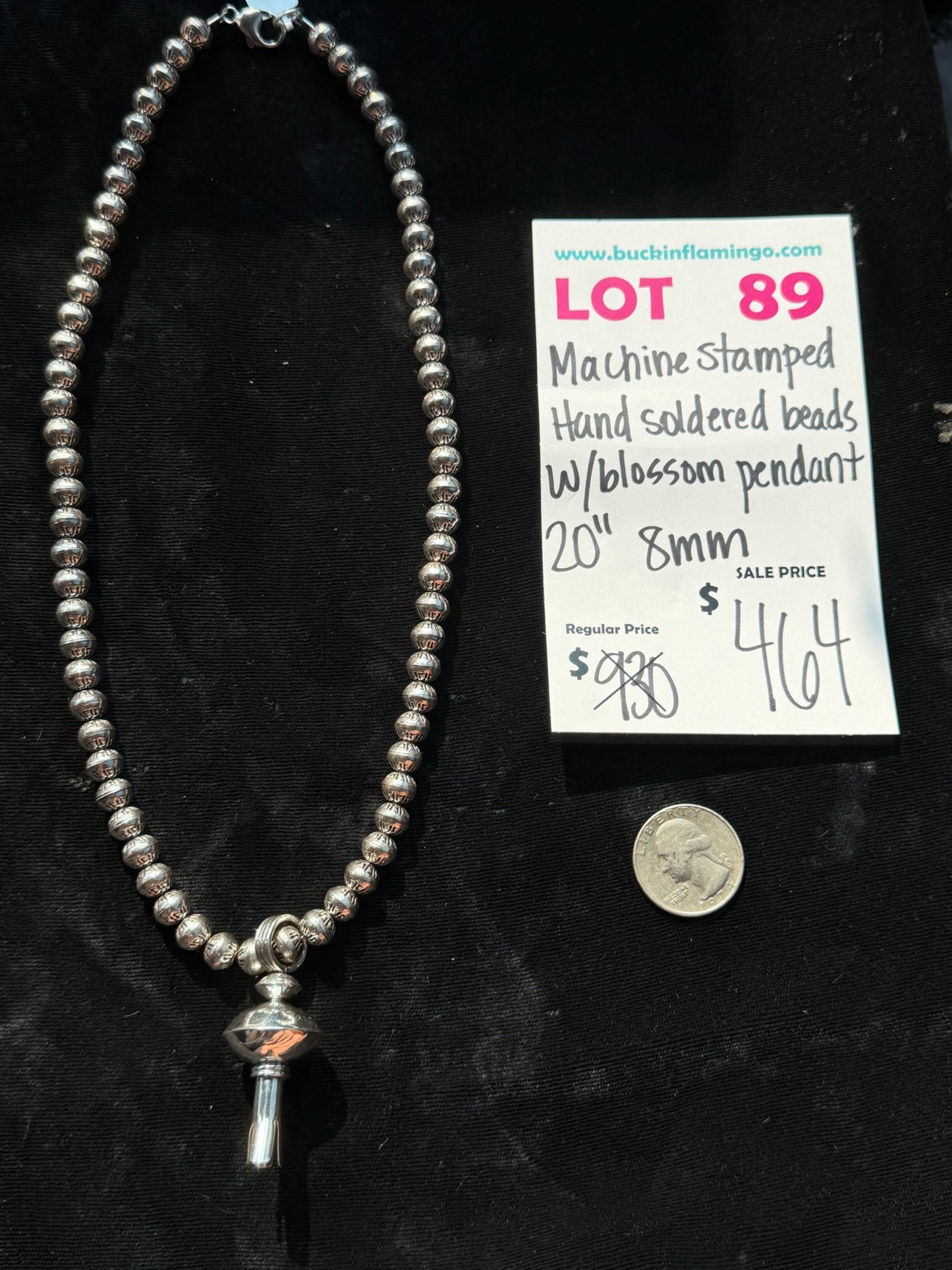 LOT 89 7/26 Machine Stamped Hand Soldered Beads W/Blossom Pendant 20” 8mm